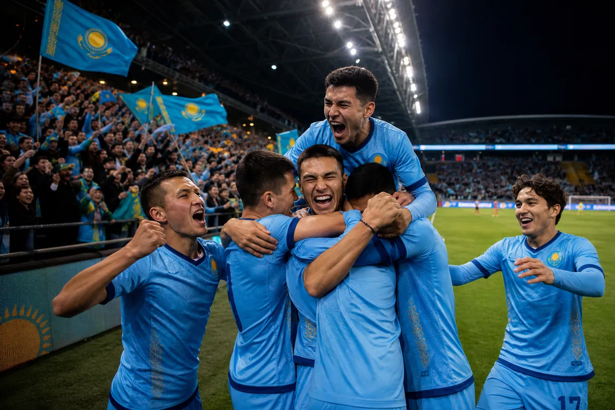 Fictional Kazakhstan players celebrating a hard-earned Nations League promotion win