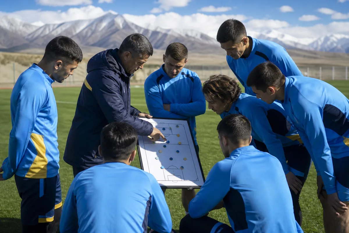 Fictional Kazakhstan national-team players and coach reviewing tactics during a focused training session