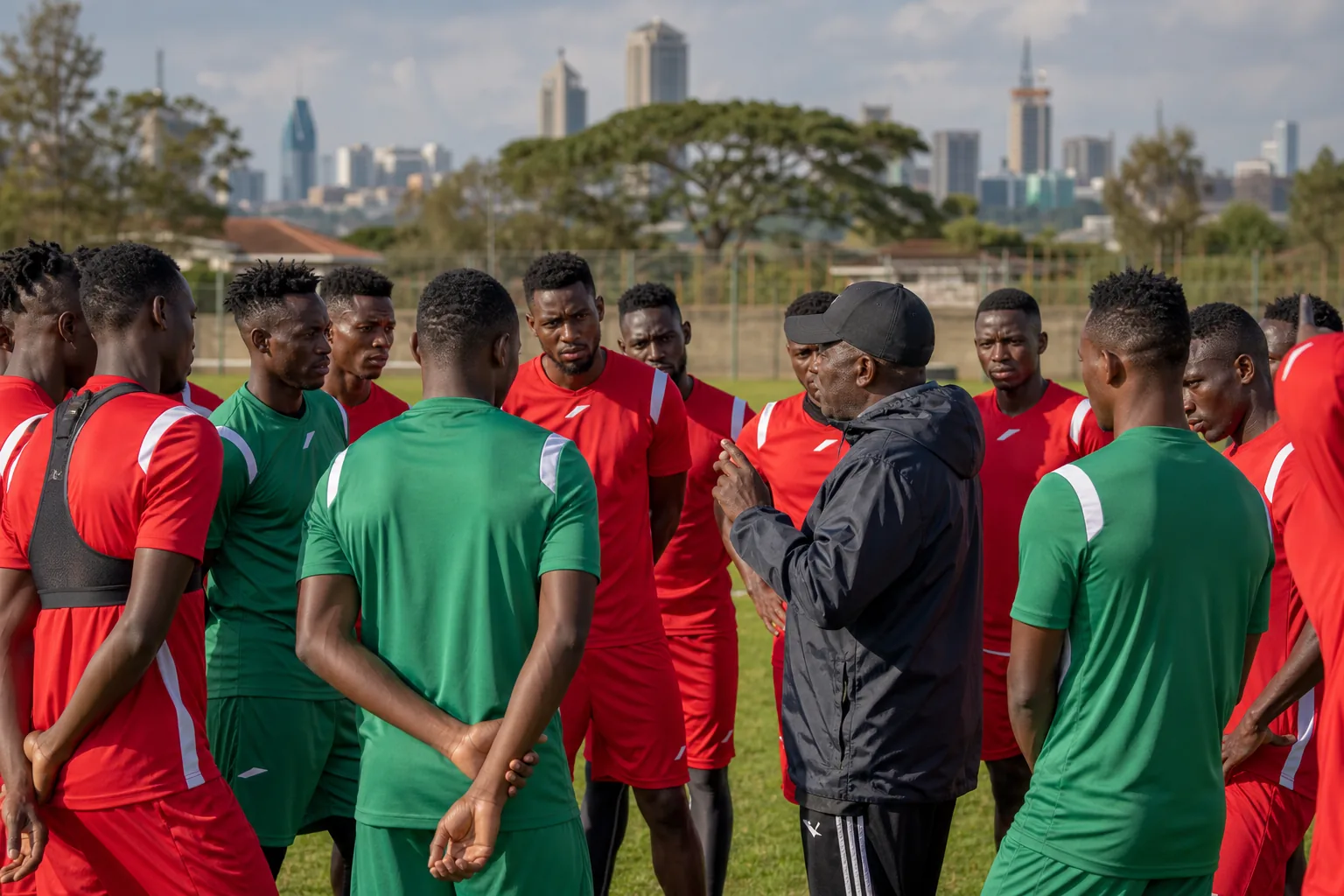 Fictional Kenya national-team players listening to their coach during a training session in Nairobi