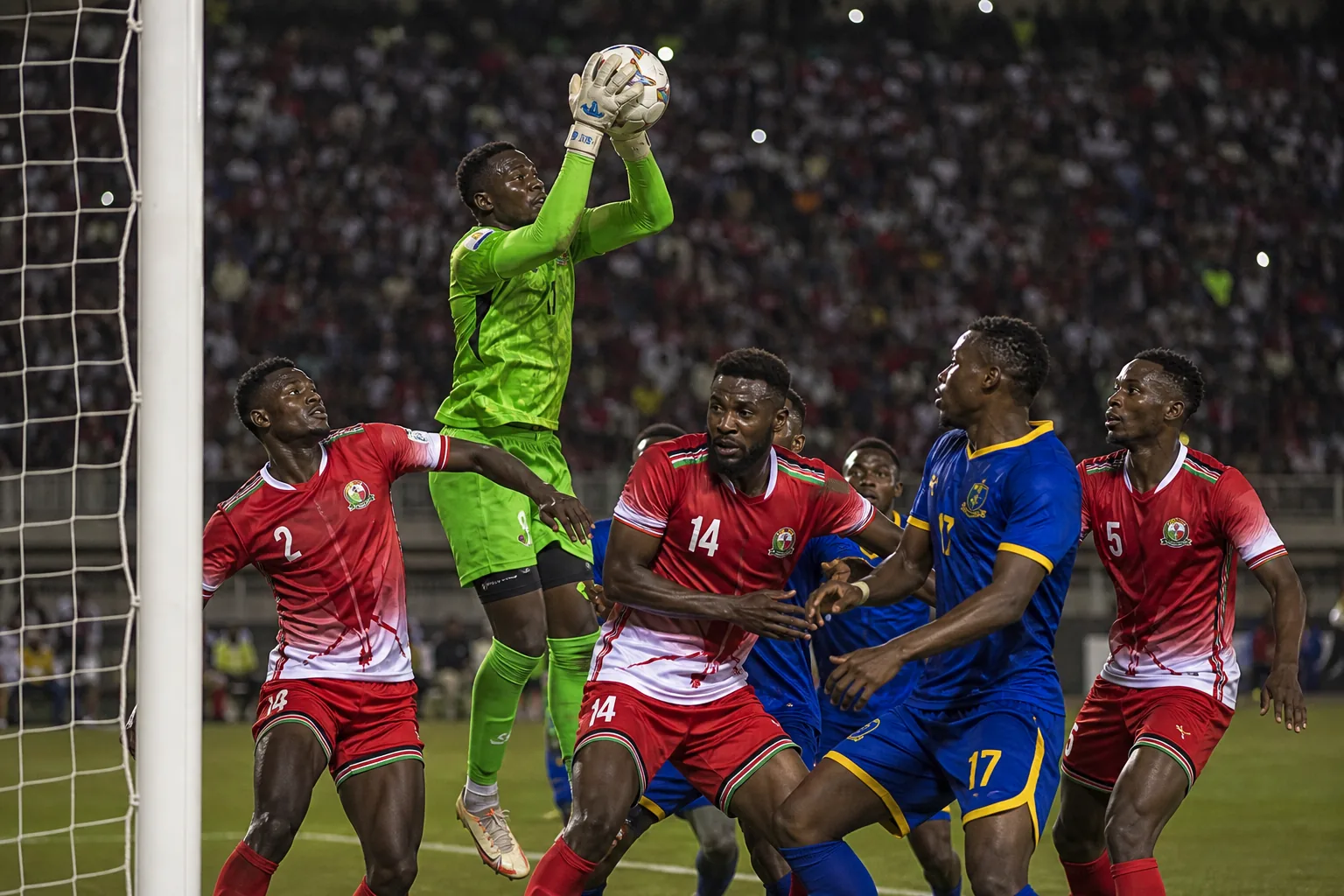 Kenya Harambee Stars contesting a high ball during an intense international match