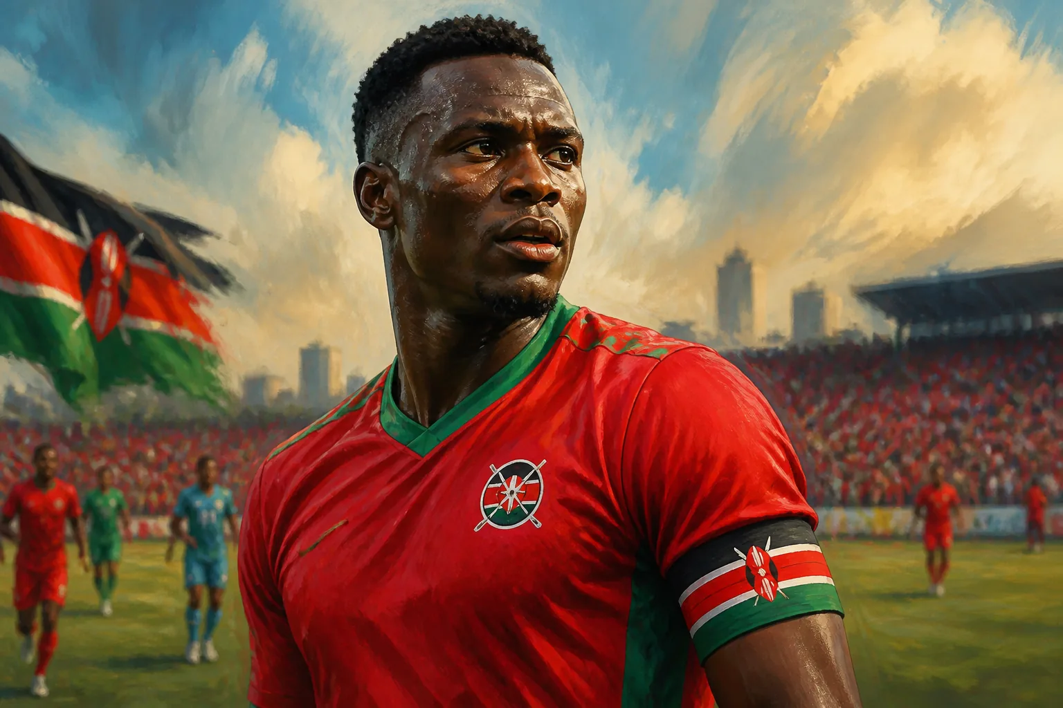 A fictional editorial portrait inspired by Kenya captain Victor Wanyama in a red-and-green Harambee Stars kit