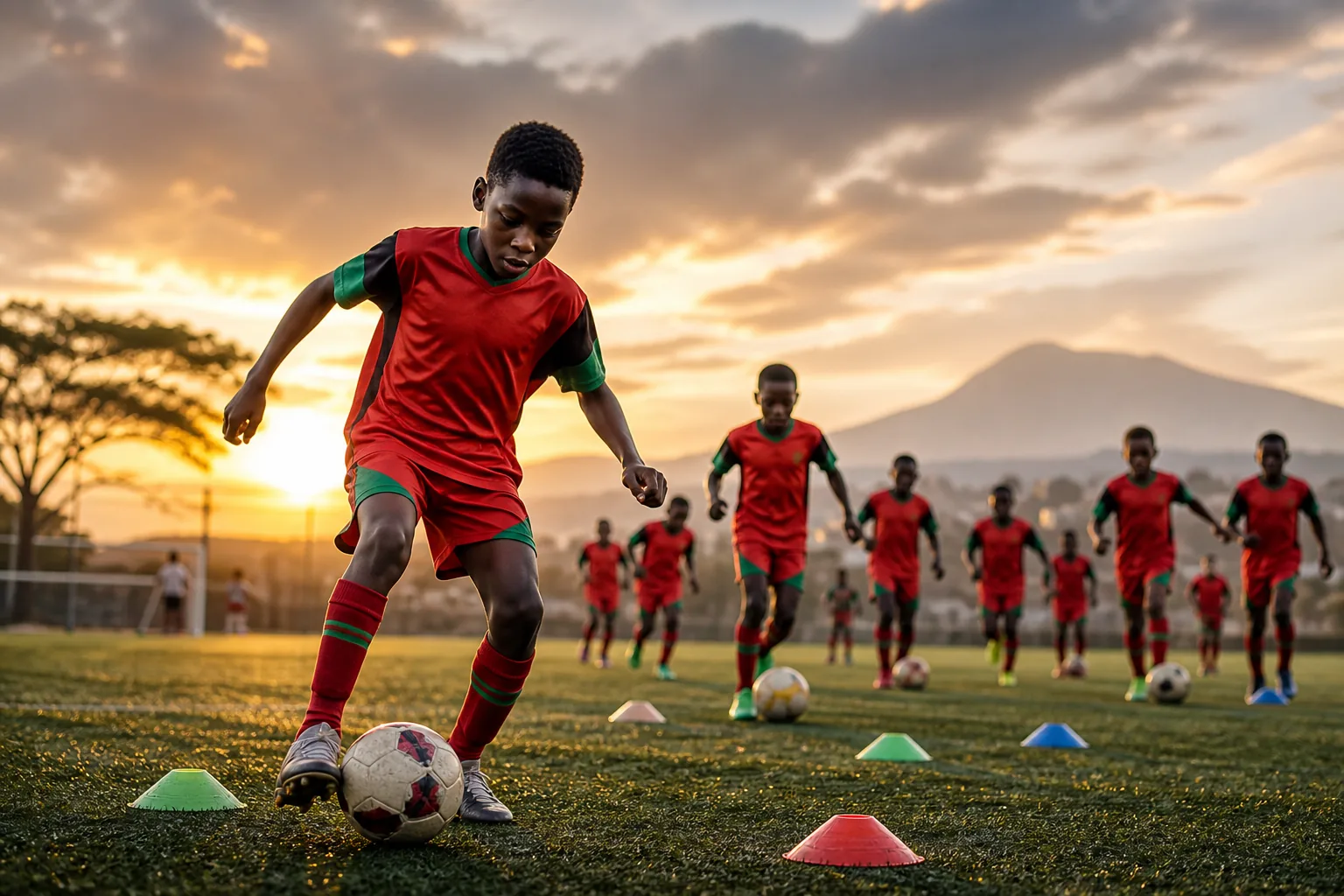 Young Kenyan footballers training at sunset in red-and-green kits