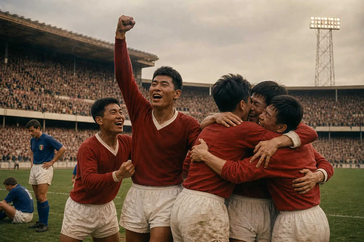 Fictional Korea DPR players celebrating their famous 1966 World Cup victory over Italy