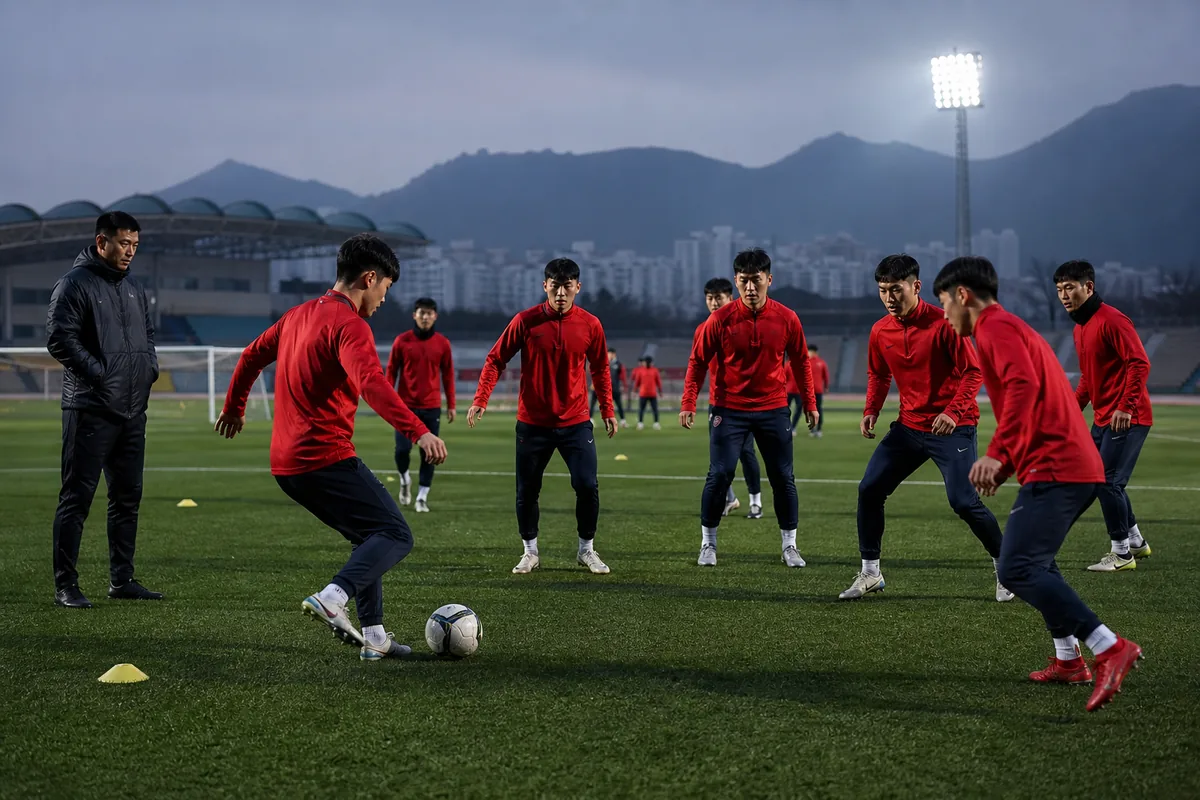 Fictional Korea DPR national-team players working through a disciplined training drill with their coach