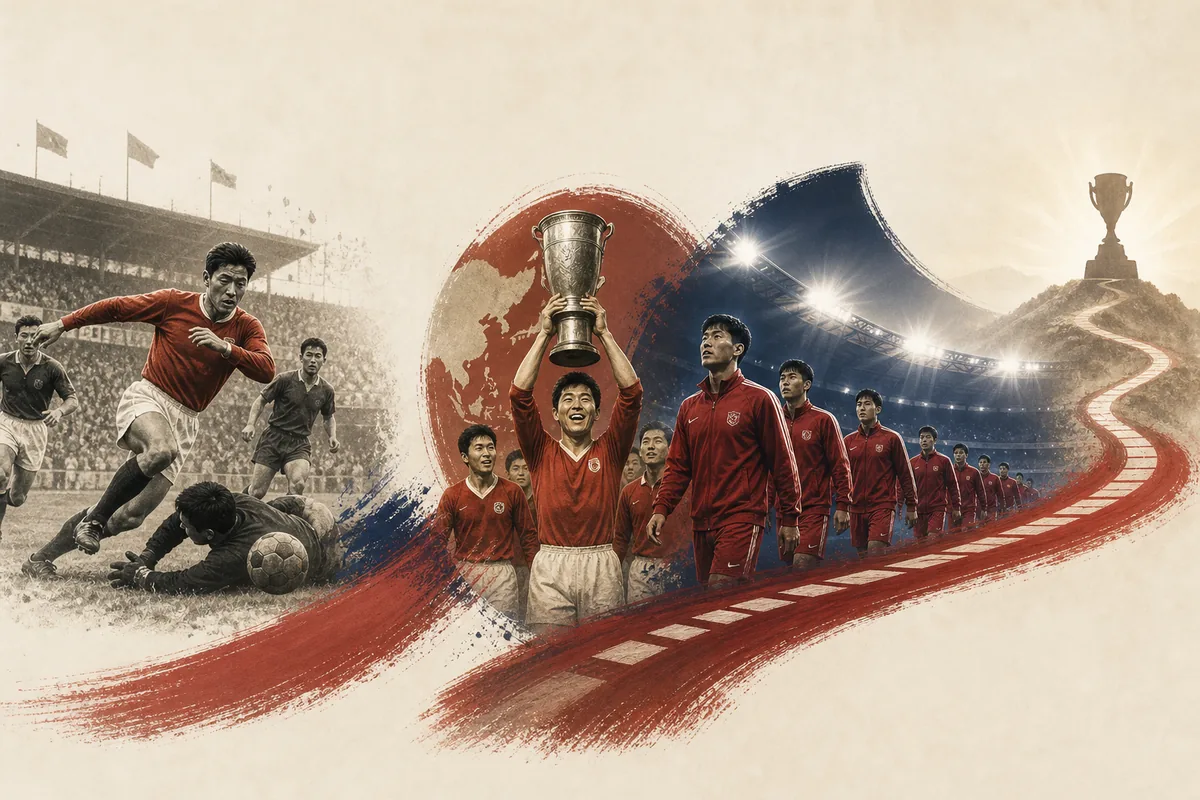 Text-free editorial timeline illustration of Korea DPR's 1966 World Cup shock, 1980 Asian Cup title and modern return target