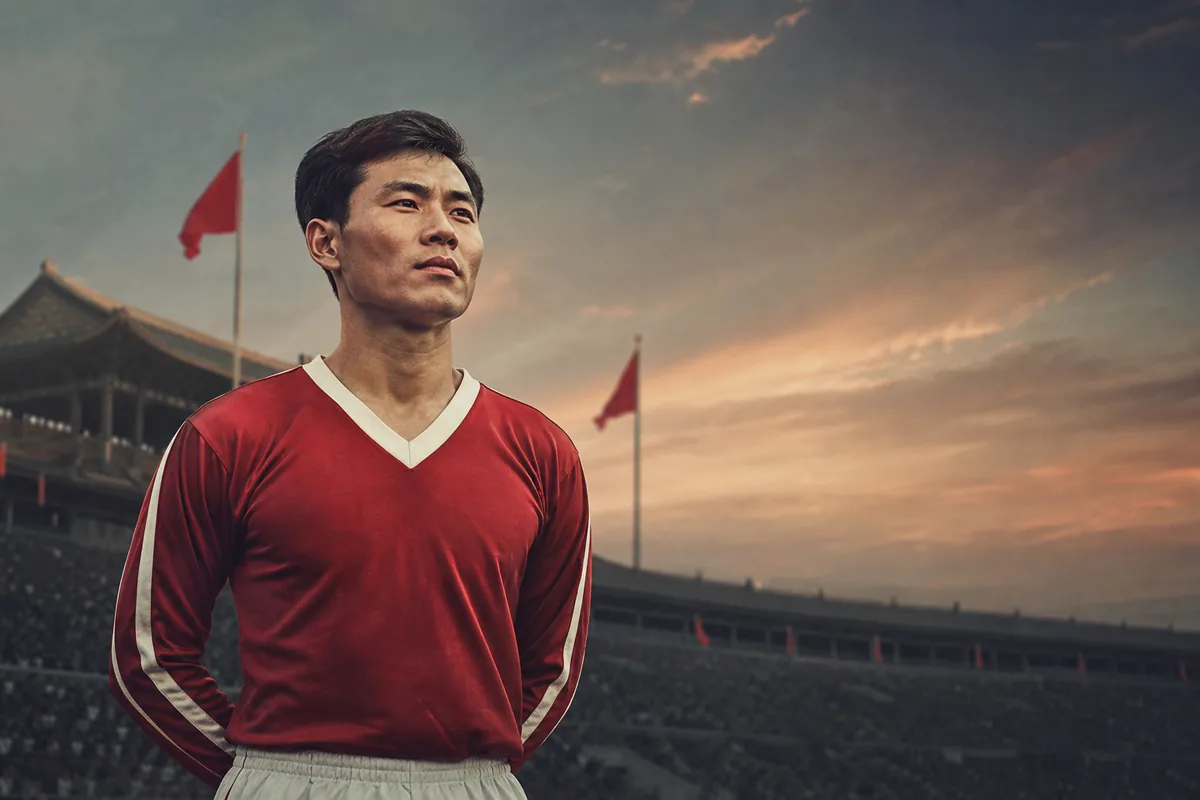 A fictional Korea DPR national-team forward inspired by Pak Doo-ik standing before a stadium in a deep red football shirt