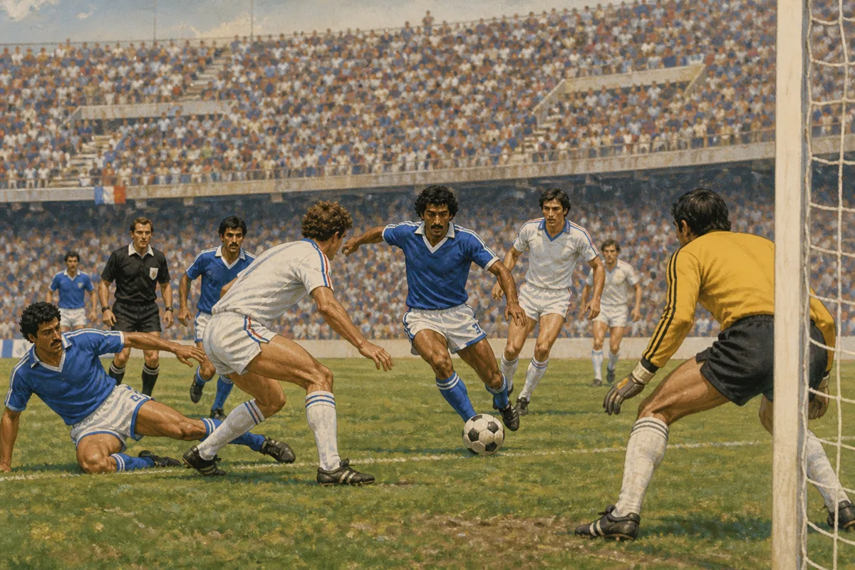 Fictional Kuwaiti footballers in blue facing France in a dramatic Spanish stadium during the 1982 World Cup
