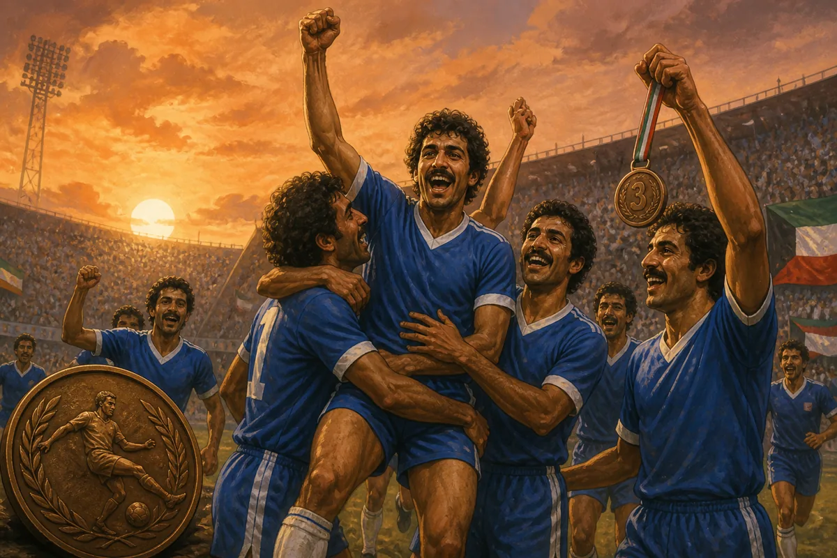 Fictional Kuwaiti players celebrating a hard-fought third-place finish at the 1984 Asian Cup in a sunset stadium