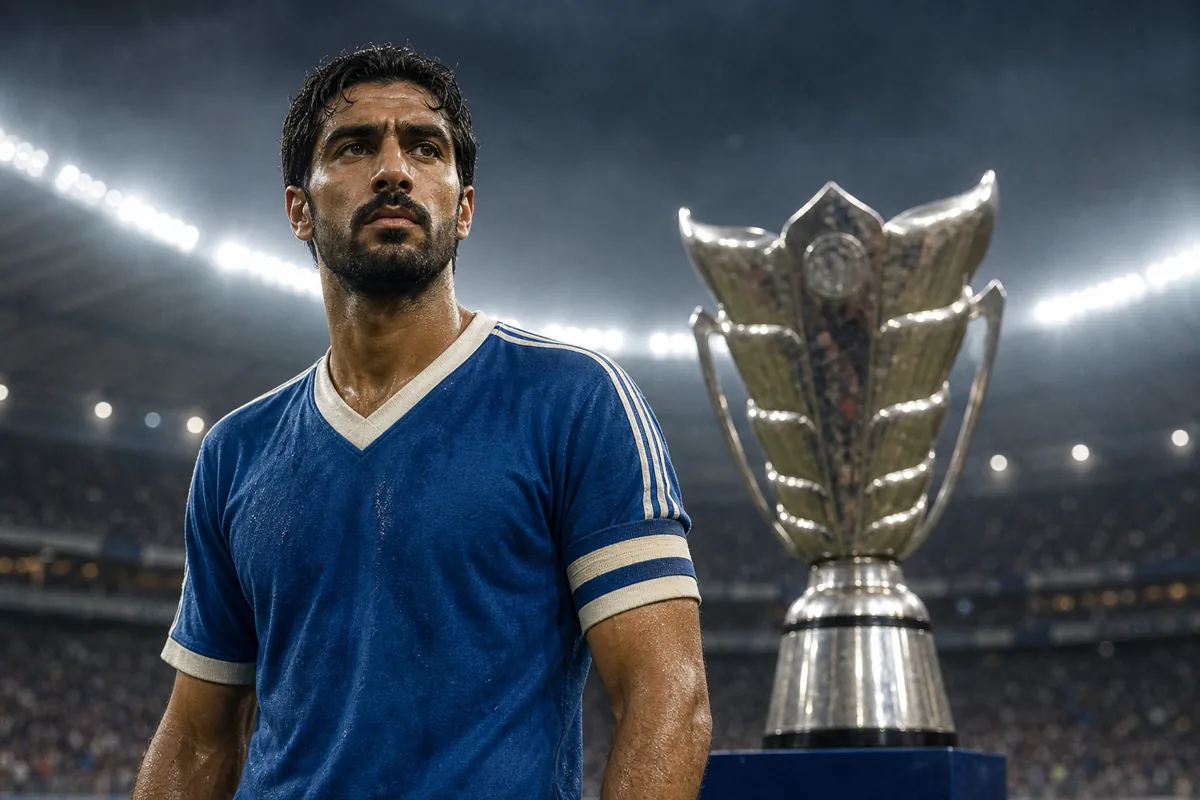 Editorial sports portrait of a fictional Kuwaiti captain inspired by Faisal Al-Dakhil under stadium lights with the Asian Cup trophy behind him