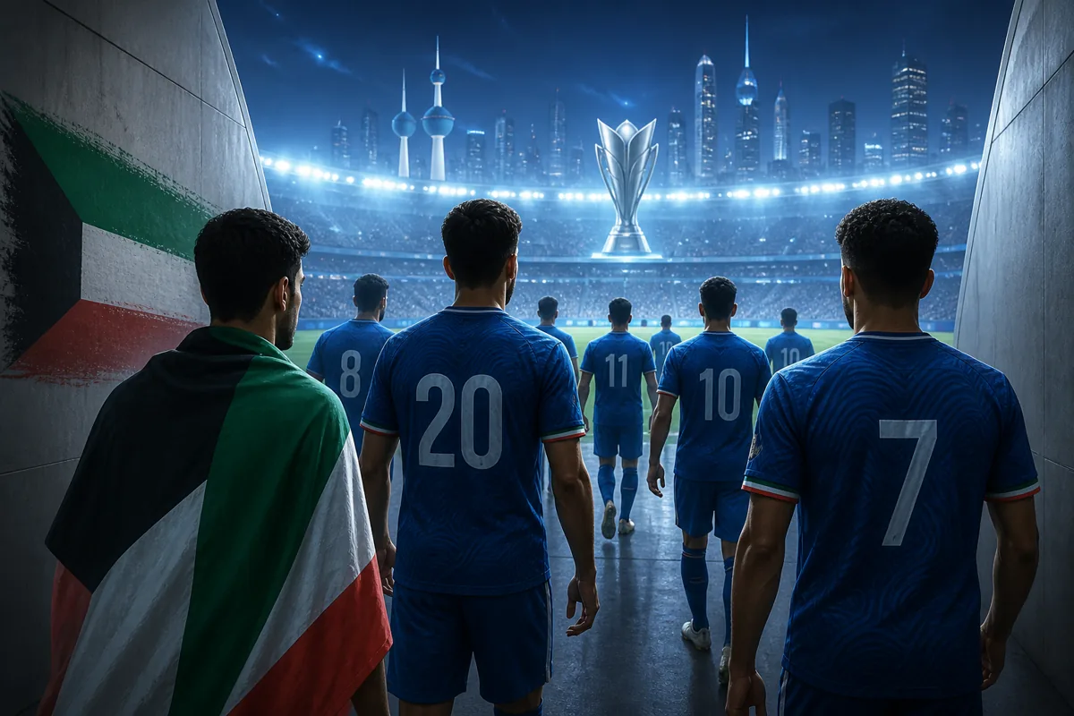 Fictional new-generation Kuwaiti players leaving a stadium tunnel toward a blue-lit pitch and a distant Asian Cup trophy