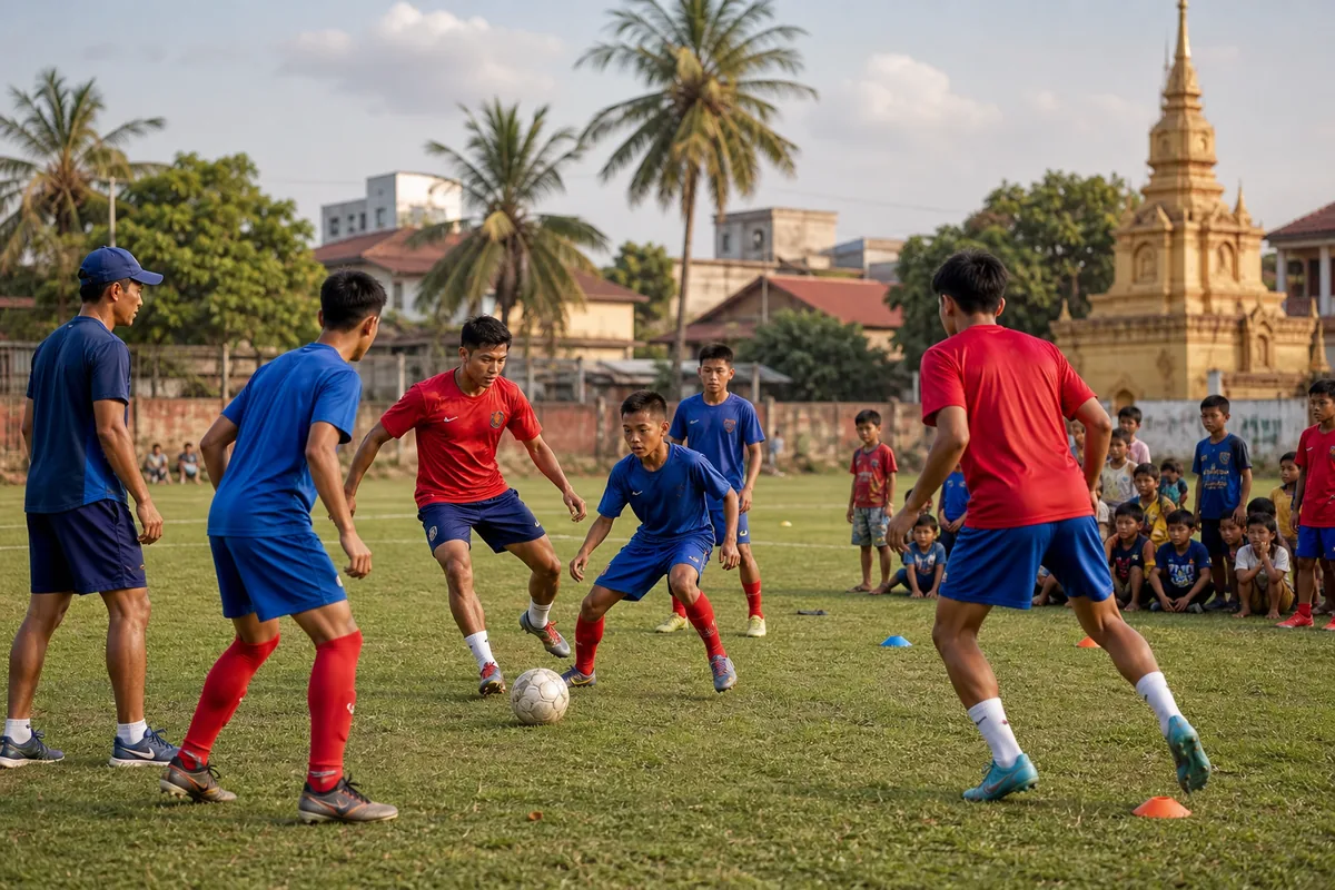 Fictional Laos youth and senior footballers training together on a lively community pitch