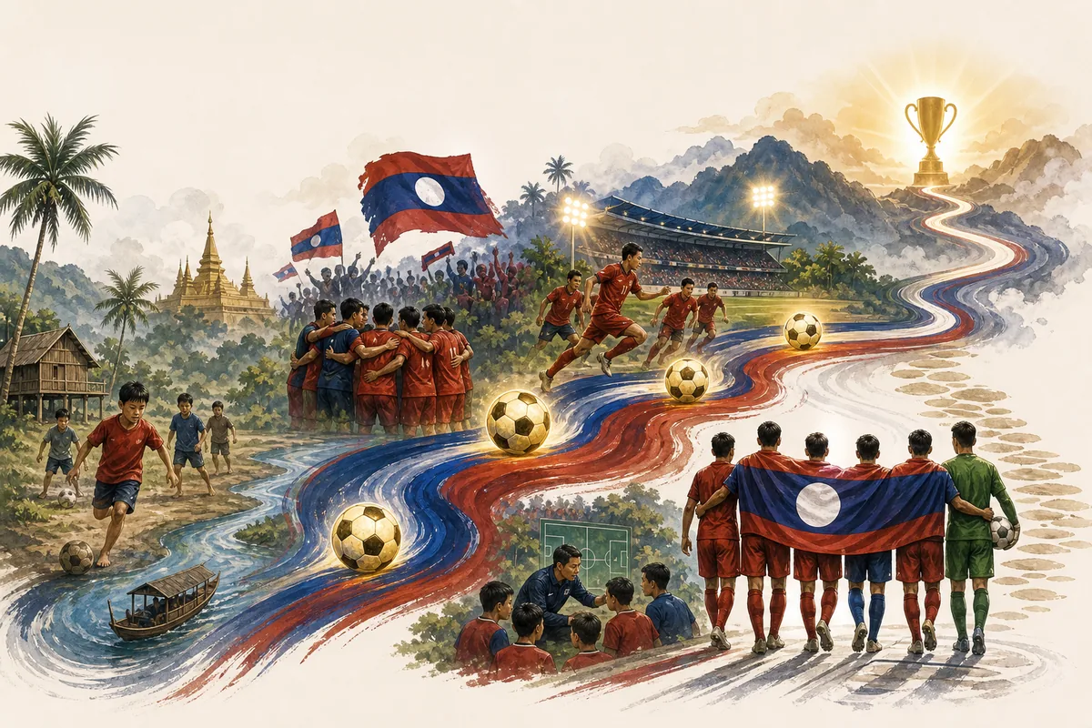 Text-free editorial timeline illustration of Laos' regional football journey and road toward a first Asian Cup appearance