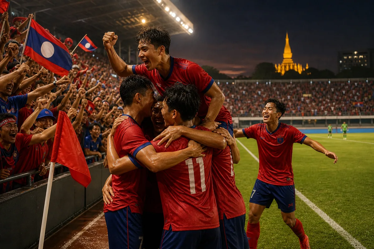 Fictional Laos players celebrating an important Southeast Asian qualifying victory