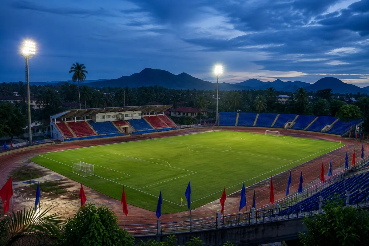 A Vientiane football stadium-inspired ground prepared for a Southeast Asian match with tropical surroundings