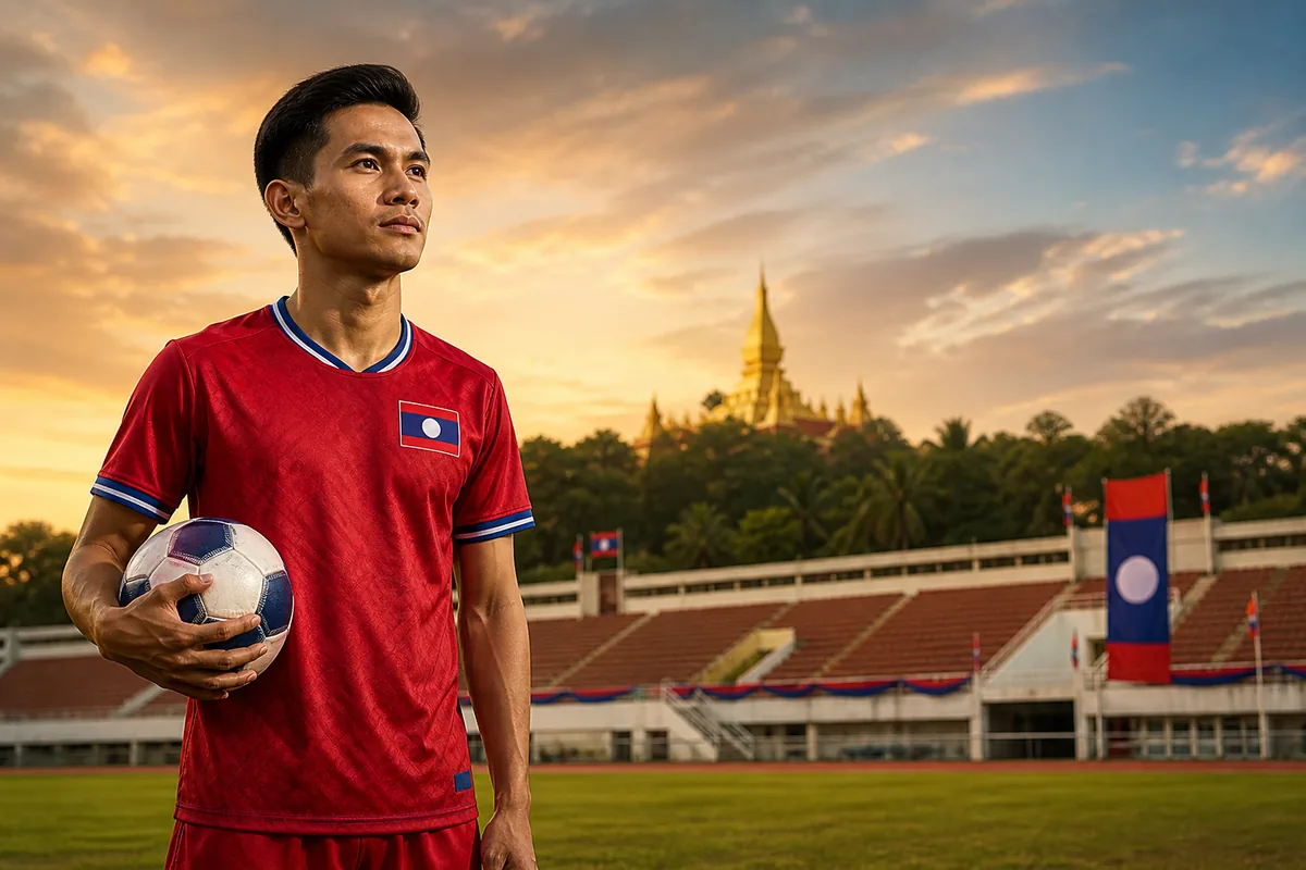 A fictional Laos national-team midfielder inspired by Soukaphone Vongchiengkham standing before a Vientiane stadium