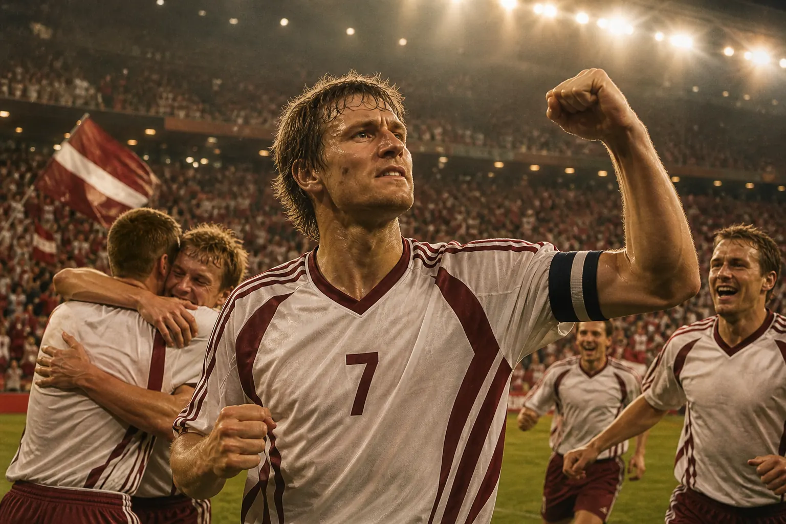 Fictional Latvian footballers celebrating their breakthrough qualification for Euro 2004