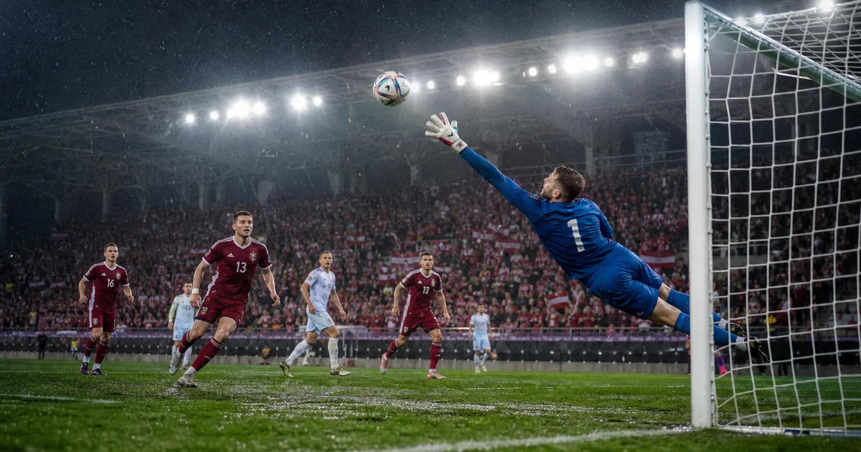 A fictional Latvian goalkeeper making a difficult save in a rainy international match