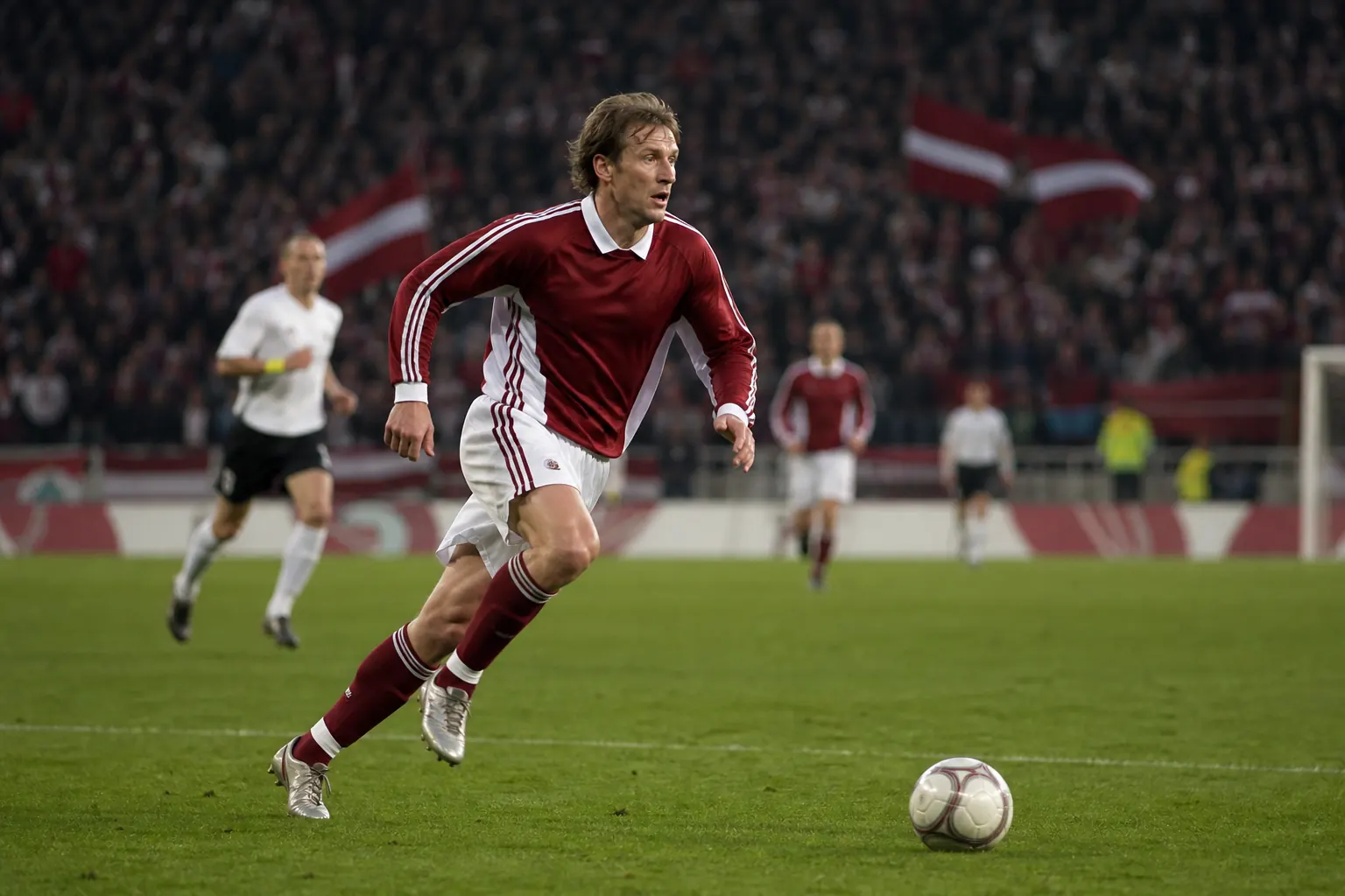 A fictional Latvian national-team star striker leading an attack in a packed international match