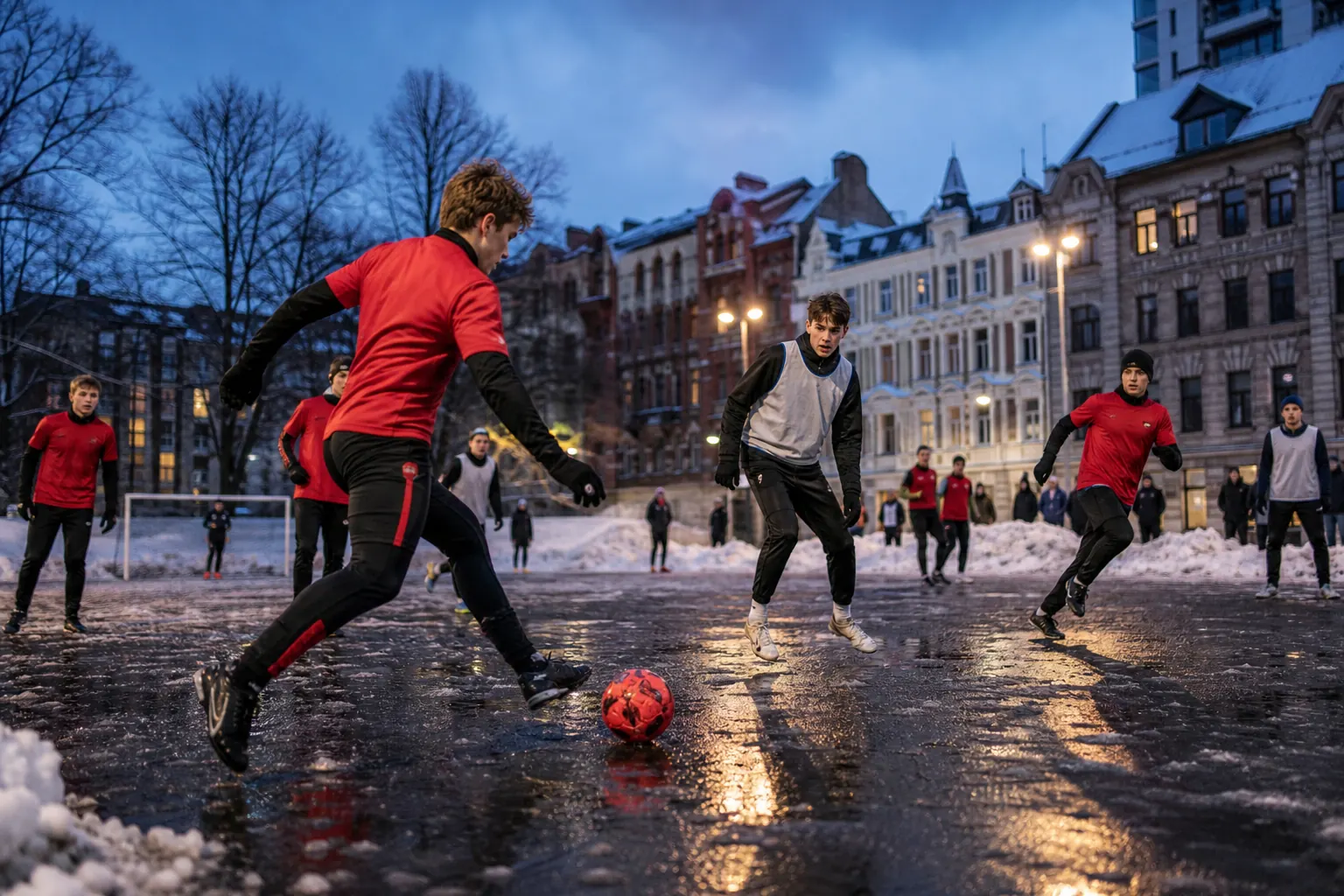 Young fictional Latvian footballers playing street football on a winter evening in Riga