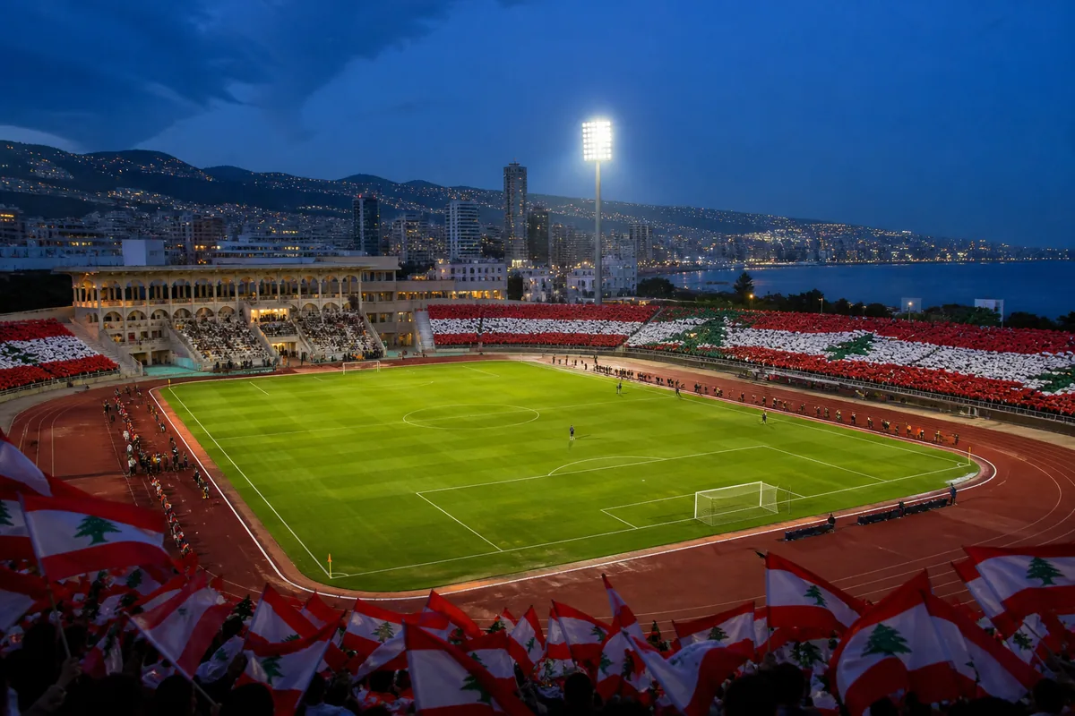A Beirut Sports City Stadium-inspired football ground prepared for an AFC match with Mediterranean hills behind it