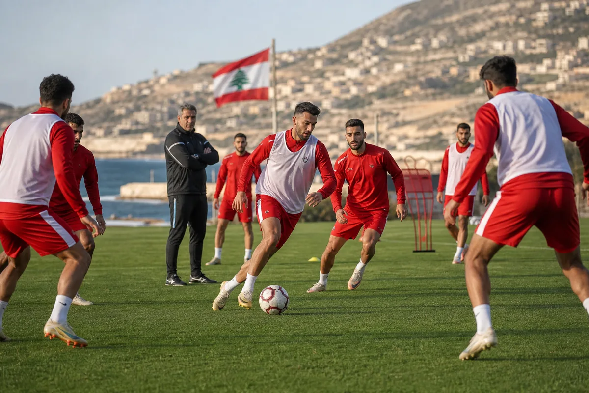 Fictional Lebanon national-team players and coach working through a defensive-to-attack transition drill