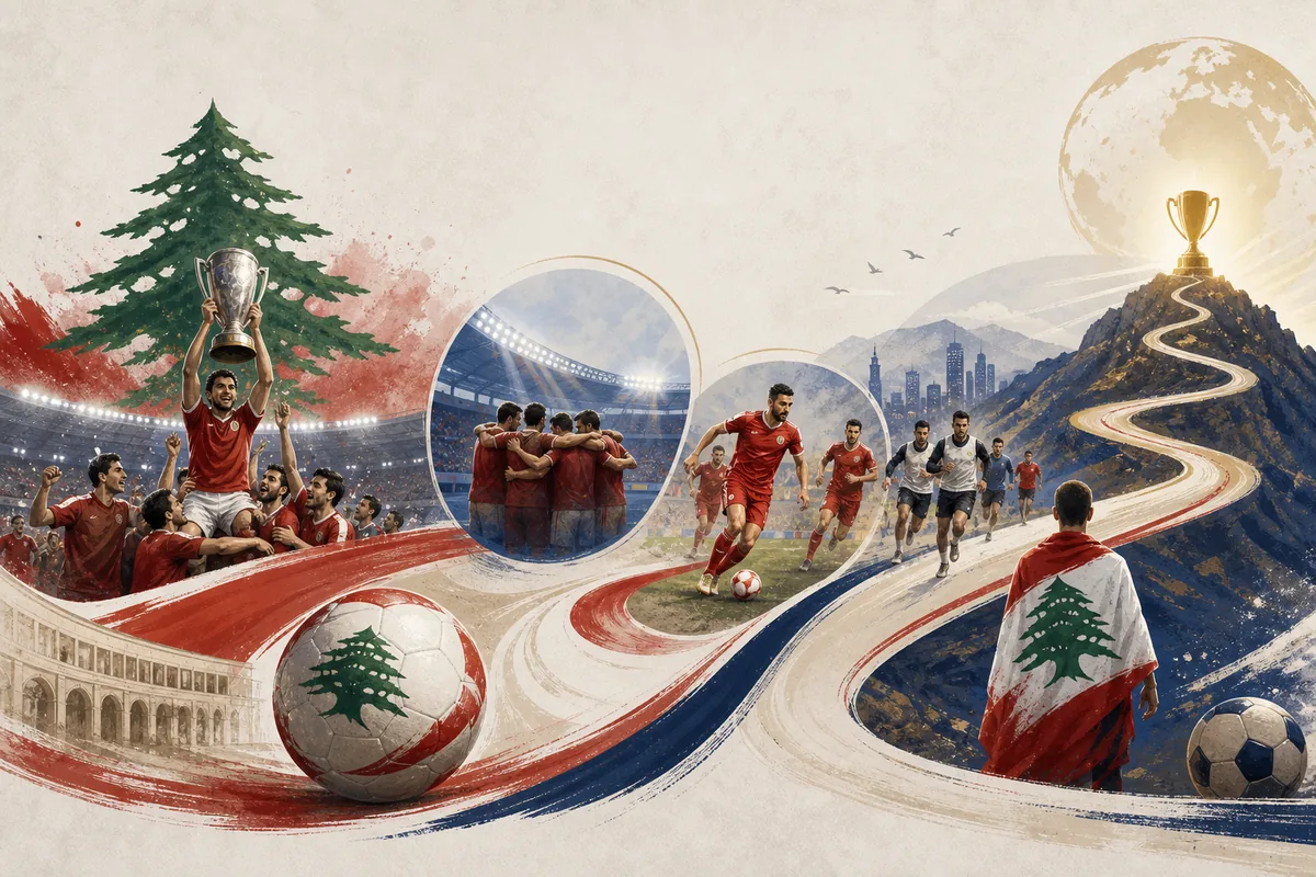 Text-free editorial timeline illustration of Lebanon's 2000 Asian Cup, later continental appearances and first-win target