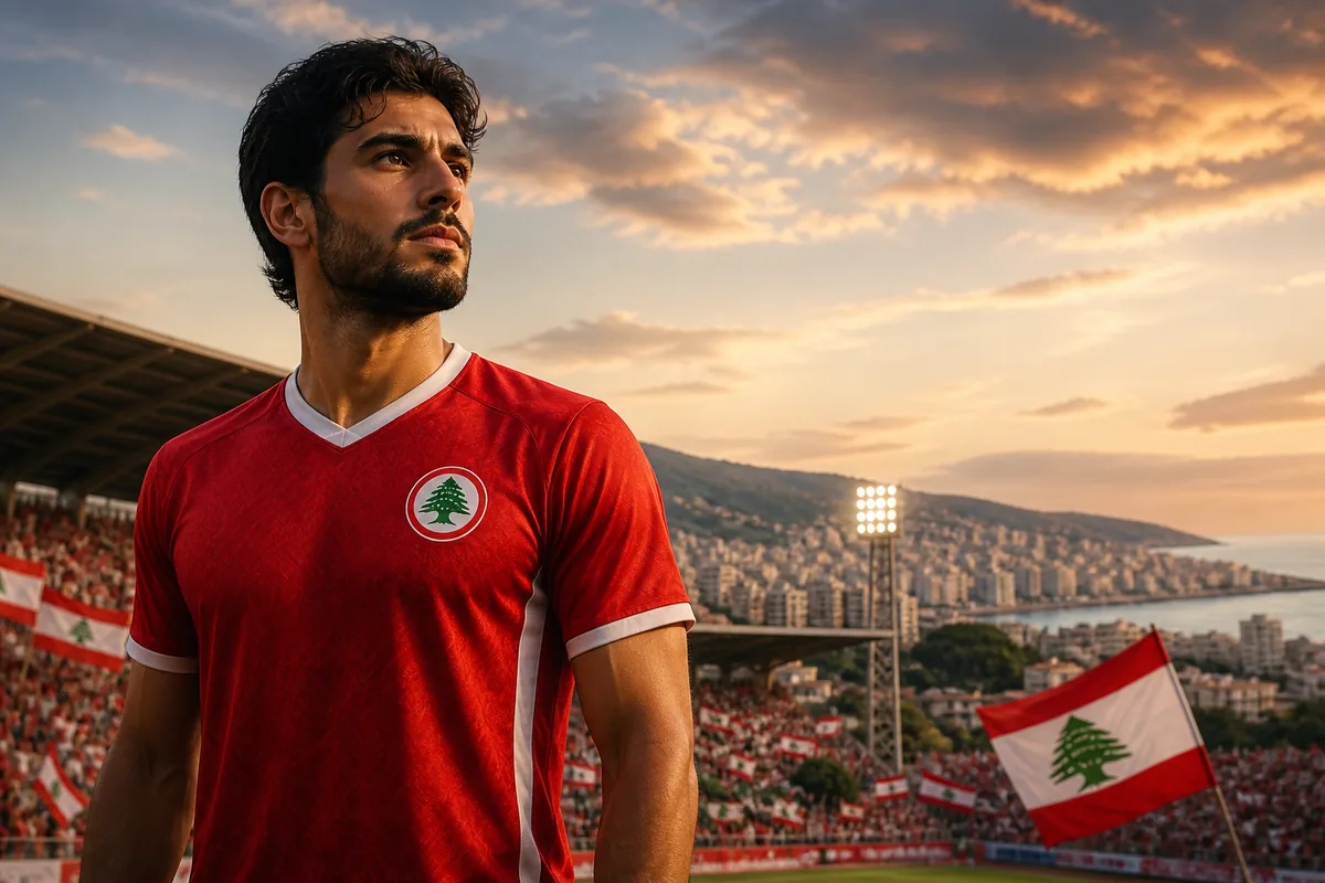 A fictional Lebanon national-team forward inspired by Hassan Maatouk standing before a Beirut stadium with red-and-white flags