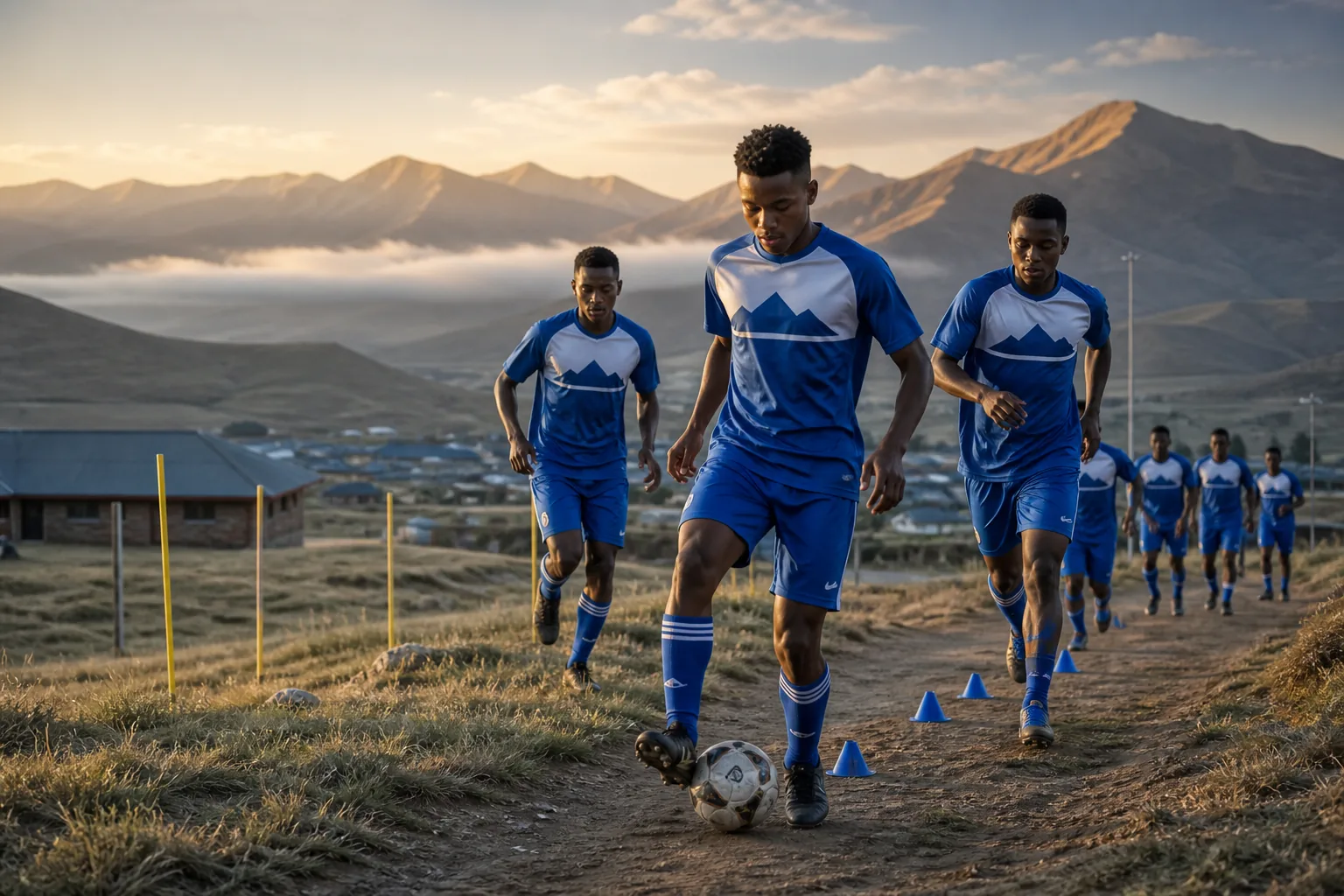 A fictional editorial portrait inspired by Lesotho football legend Lehlohonolo Seema in a blue-and-white Likuena kit