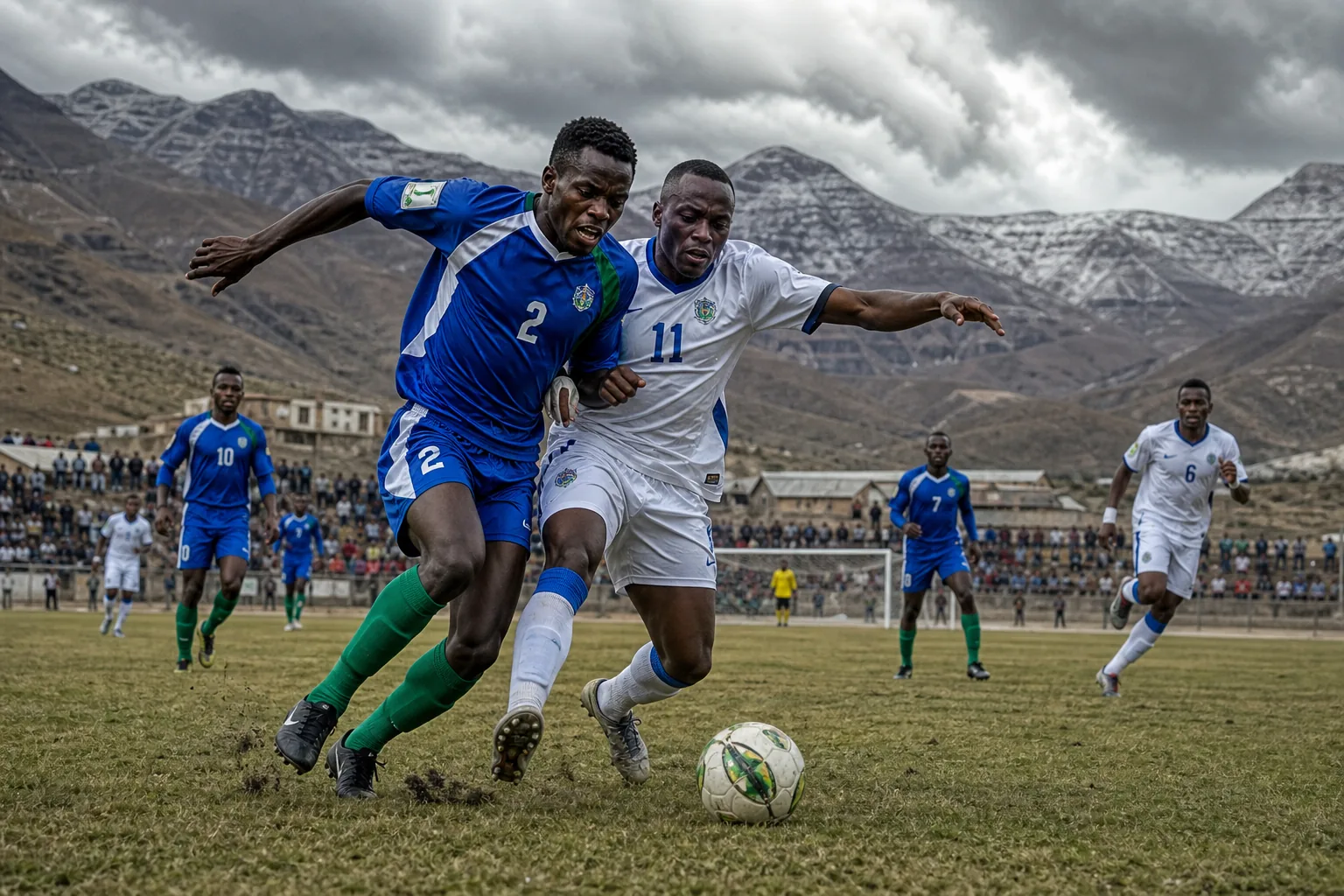 Lesotho Likuena preparing for a COSAFA match in blue-and-white kits against a mountain backdrop