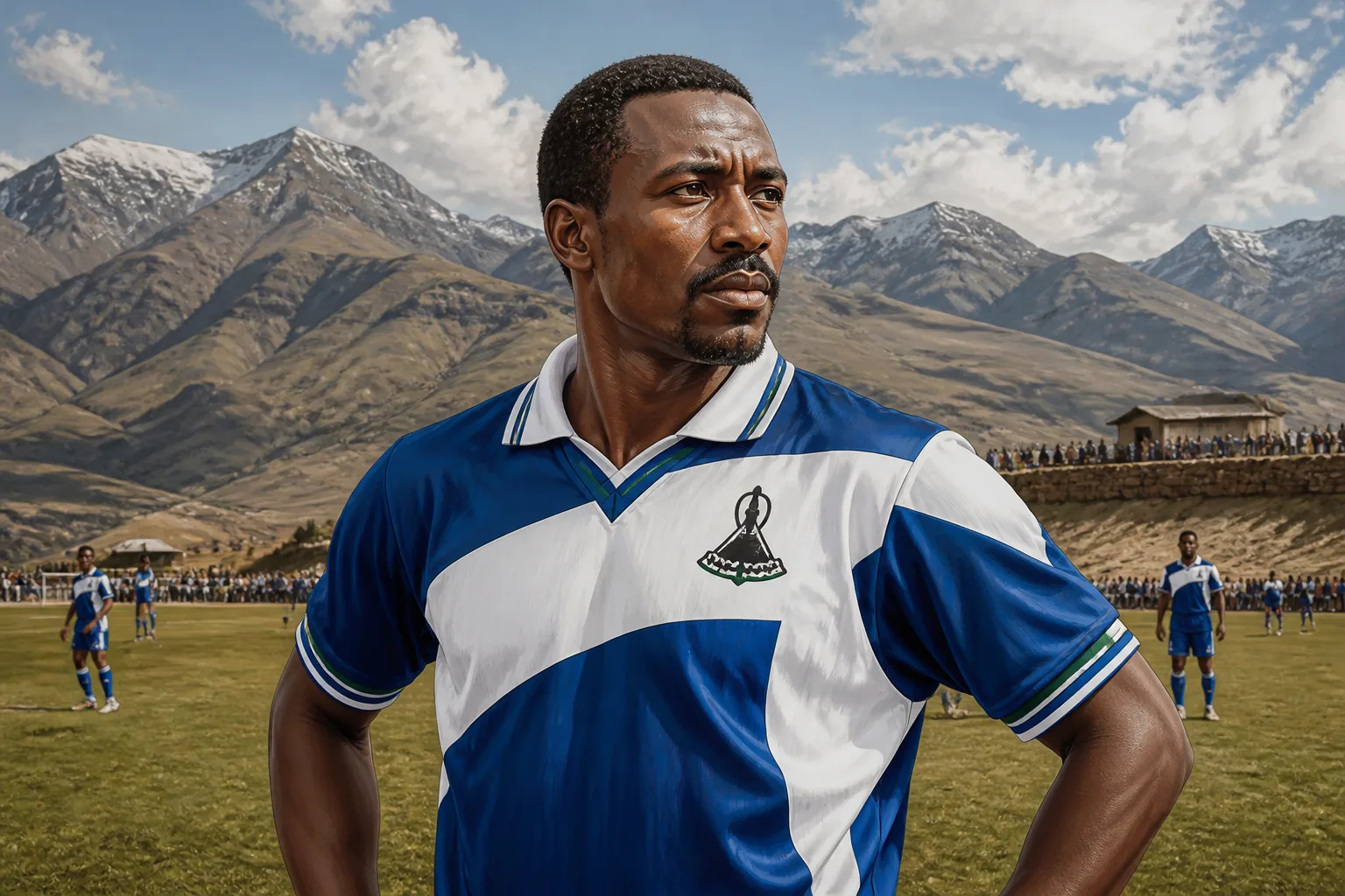 Next generation of Lesotho footballers training at a mountain youth academy in blue and white