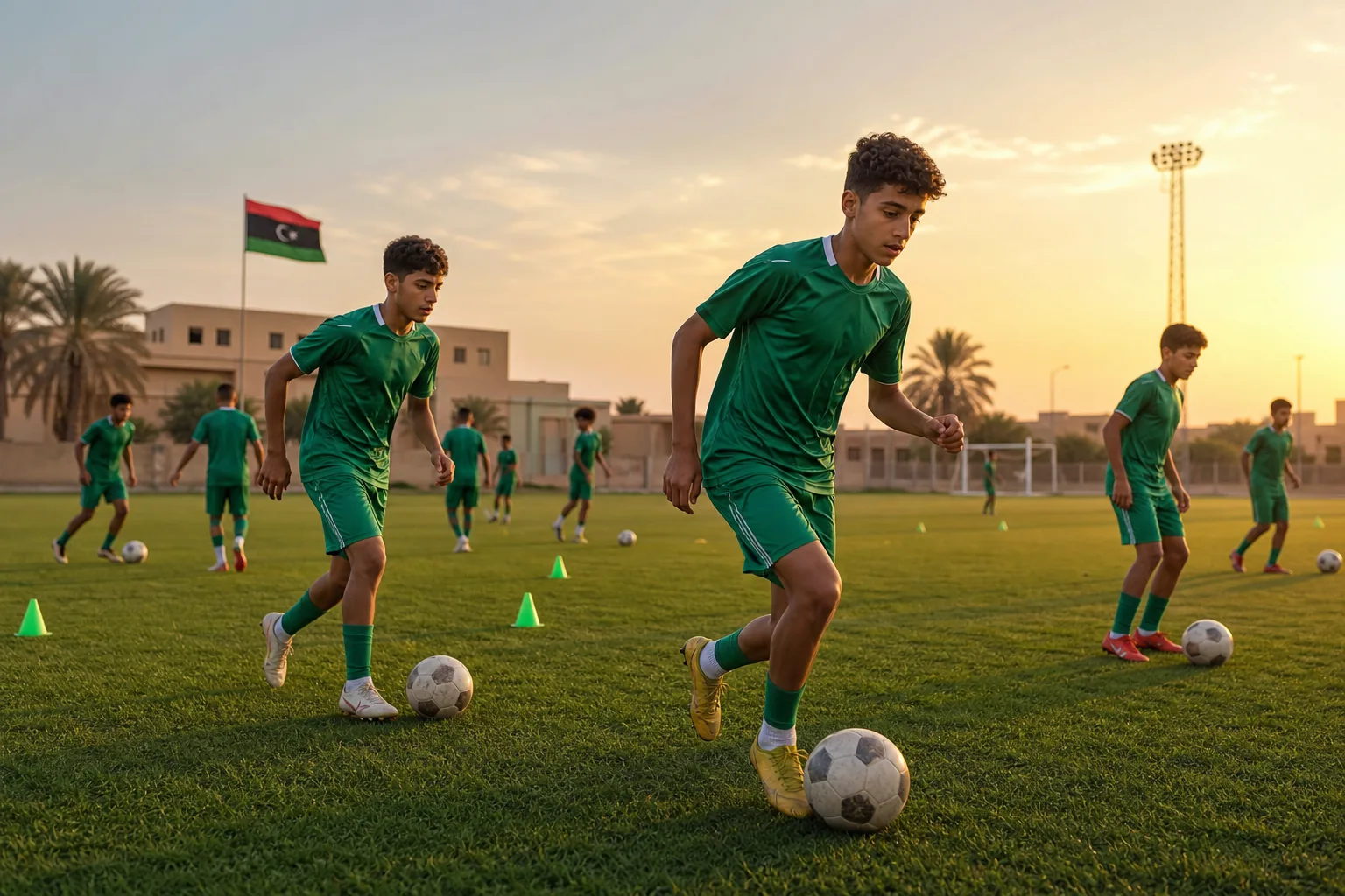 A fictional editorial portrait inspired by Libyan football star Tarik El Taib in a green Knights national-team kit
