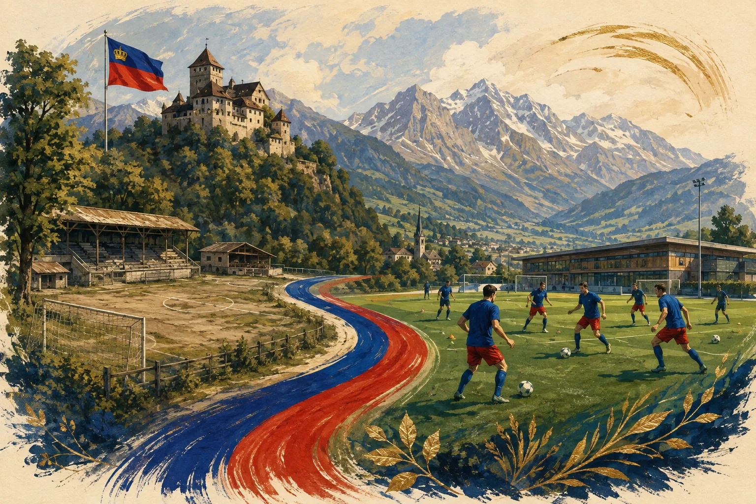 Text-free editorial timeline illustration of Liechtenstein's path from first internationals to a first major tournament dream