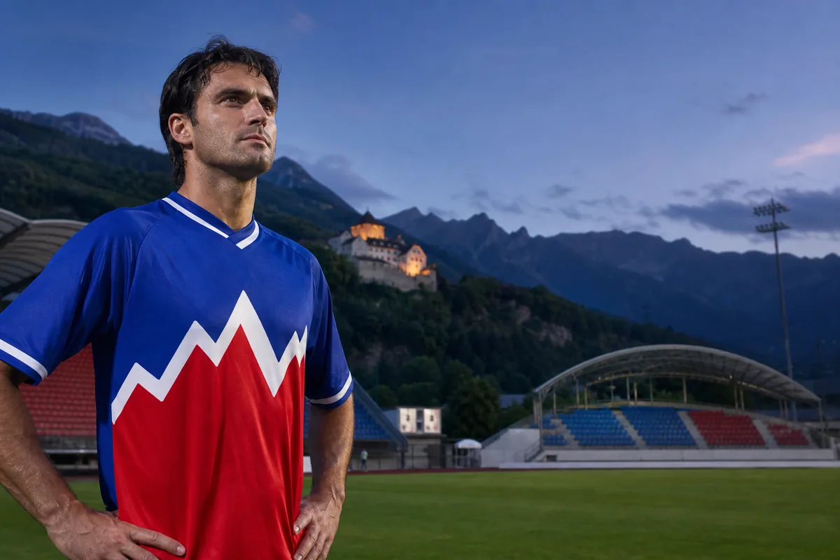 A fictional Liechtenstein national-team striker inspired by Mario Frick standing before an alpine stadium with Vaduz Castle behind him
