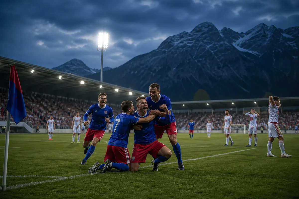 Fictional Liechtenstein players celebrating a famous qualifying victory over Luxembourg in a compact alpine stadium