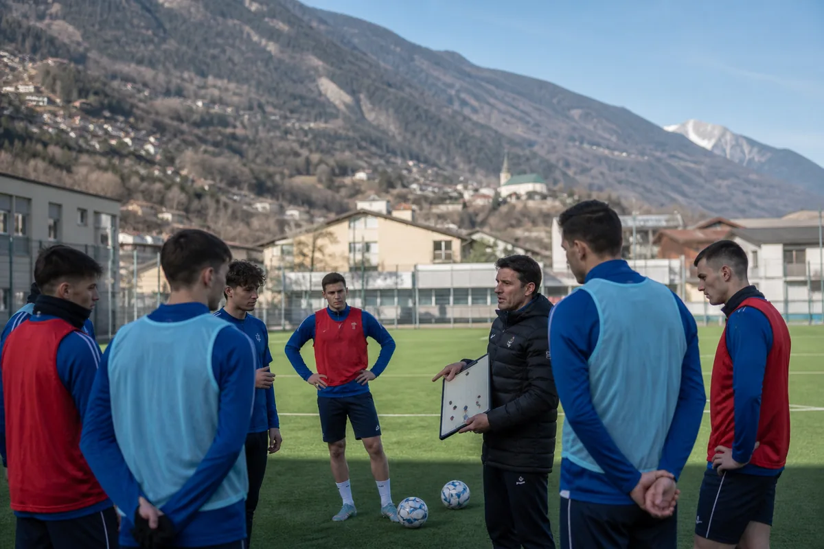 A small group of Liechtenstein footballers training on a compact pitch with alpine mountains behind them