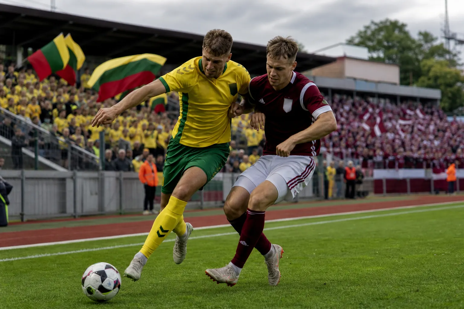 Fictional Lithuanian footballers contesting a fierce Baltic derby against Latvia