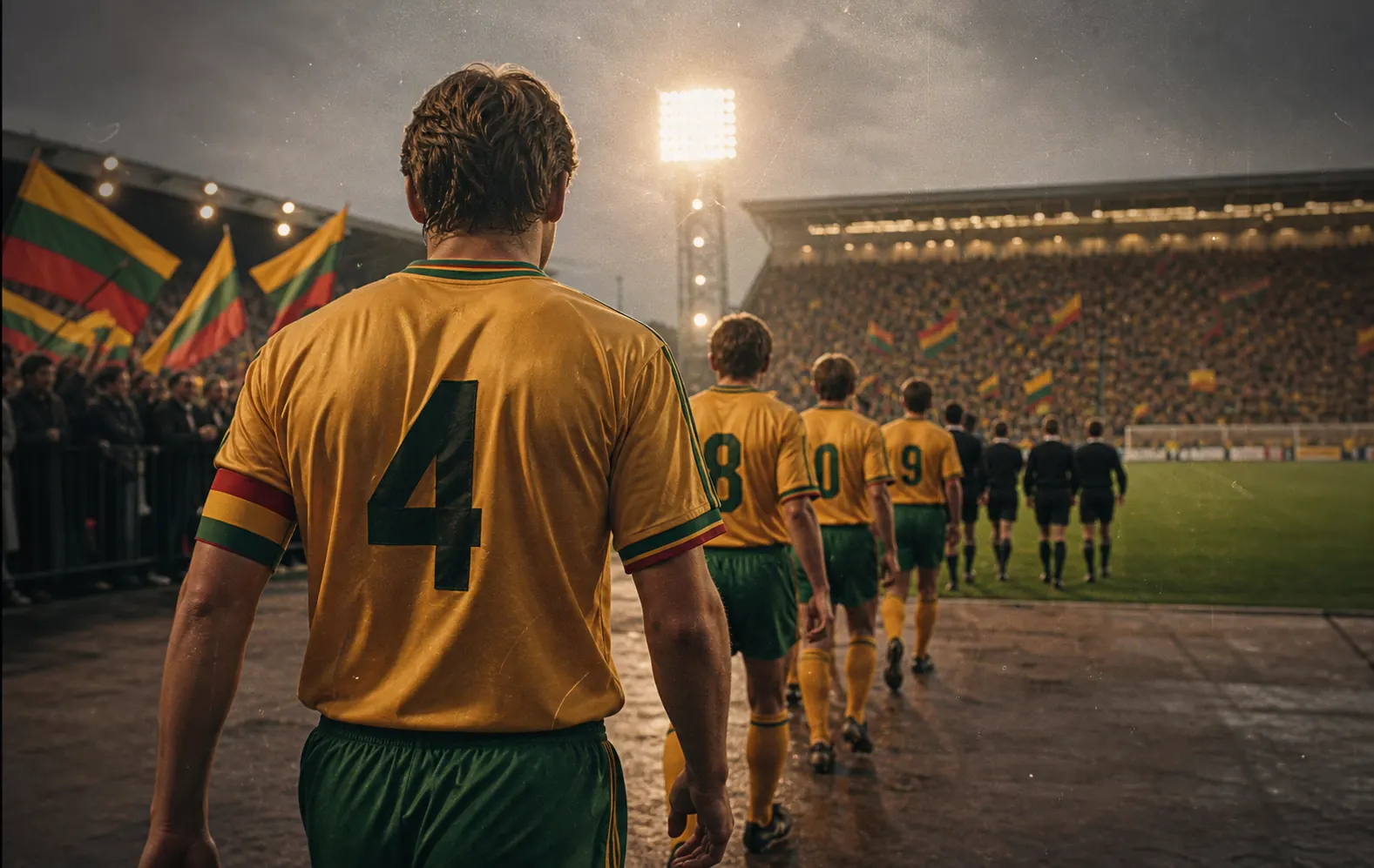Fictional Lithuanian footballers returning to a historic stadium after independence