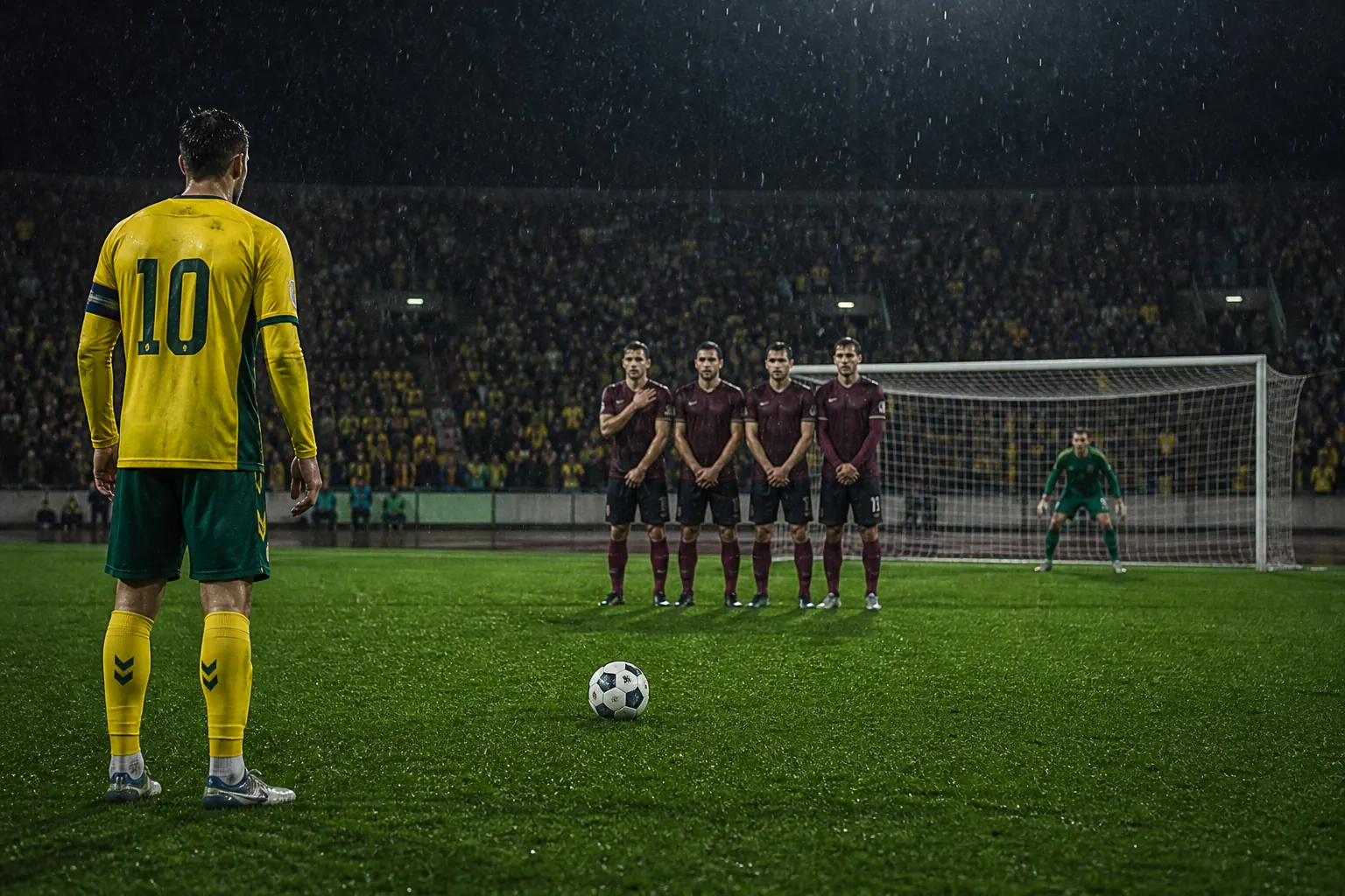A fictional Lithuanian captain preparing a late free kick in a tense European qualifier