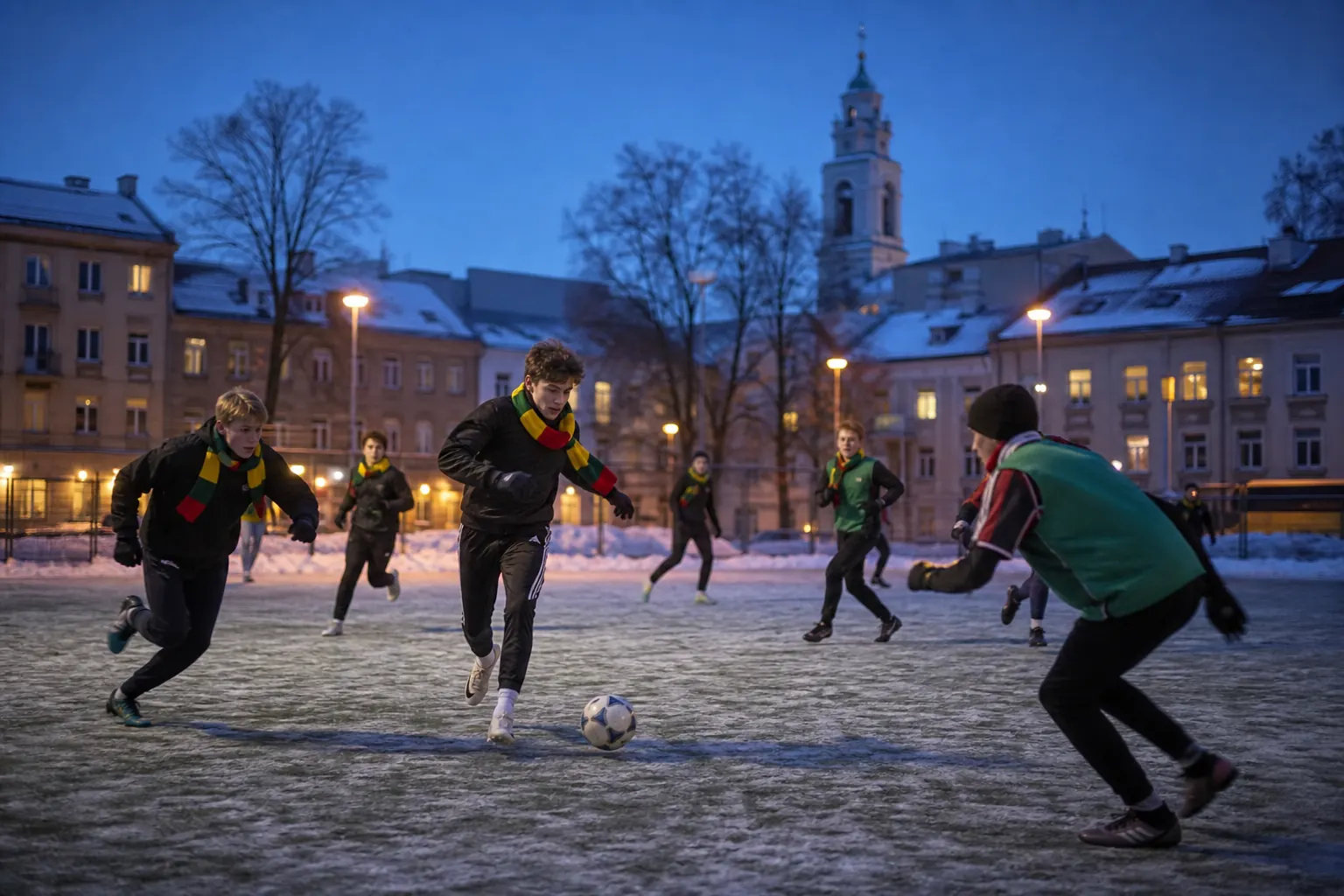 Young fictional Lithuanian footballers playing an intense winter match in Vilnius
