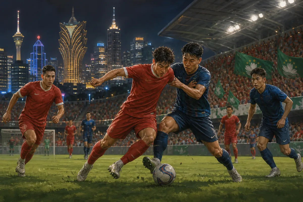 Fictional Macau footballers in red competing against an experienced East Asian opponent in a compact city stadium