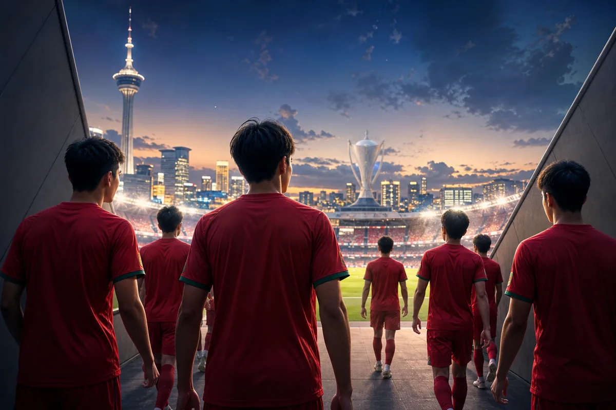 Fictional young Macau players leaving a modern stadium tunnel toward a bright pitch and a distant AFC Asian Cup trophy