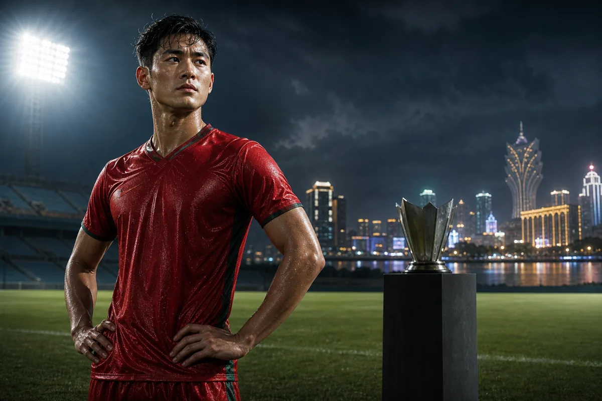 Editorial sports portrait of a fictional Macau forward inspired by Leong Ka Hang under stadium lights with the Macau skyline and an empty Asian Cup trophy pedestal