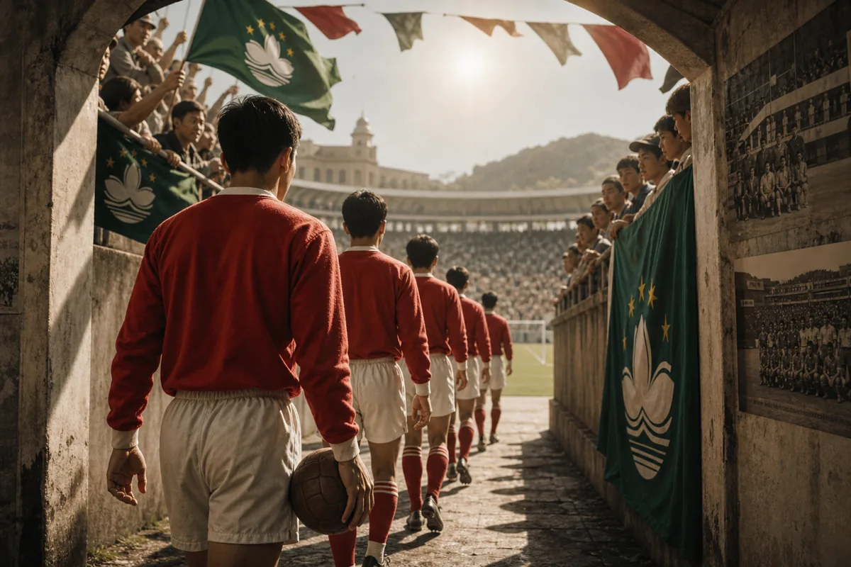 Fictional Macau players in classic red kits walking through an old stadium tunnel toward a sunlit pitch