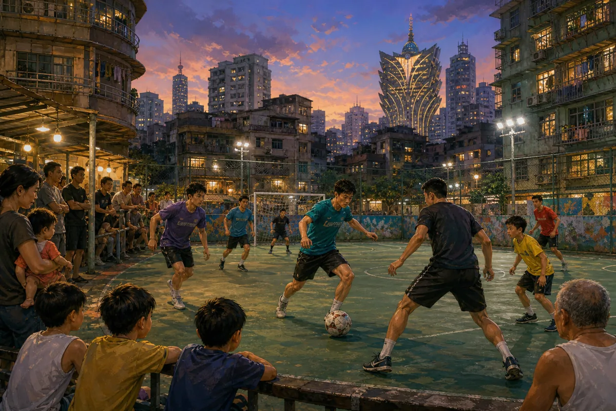 Young and adult fictional Macau footballers playing on a small urban community pitch surrounded by city lights