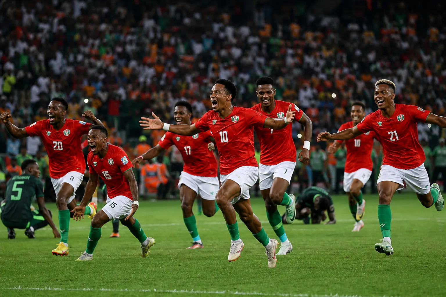 Fictional Madagascar players celebrating together in red kits during a packed continental tournament match