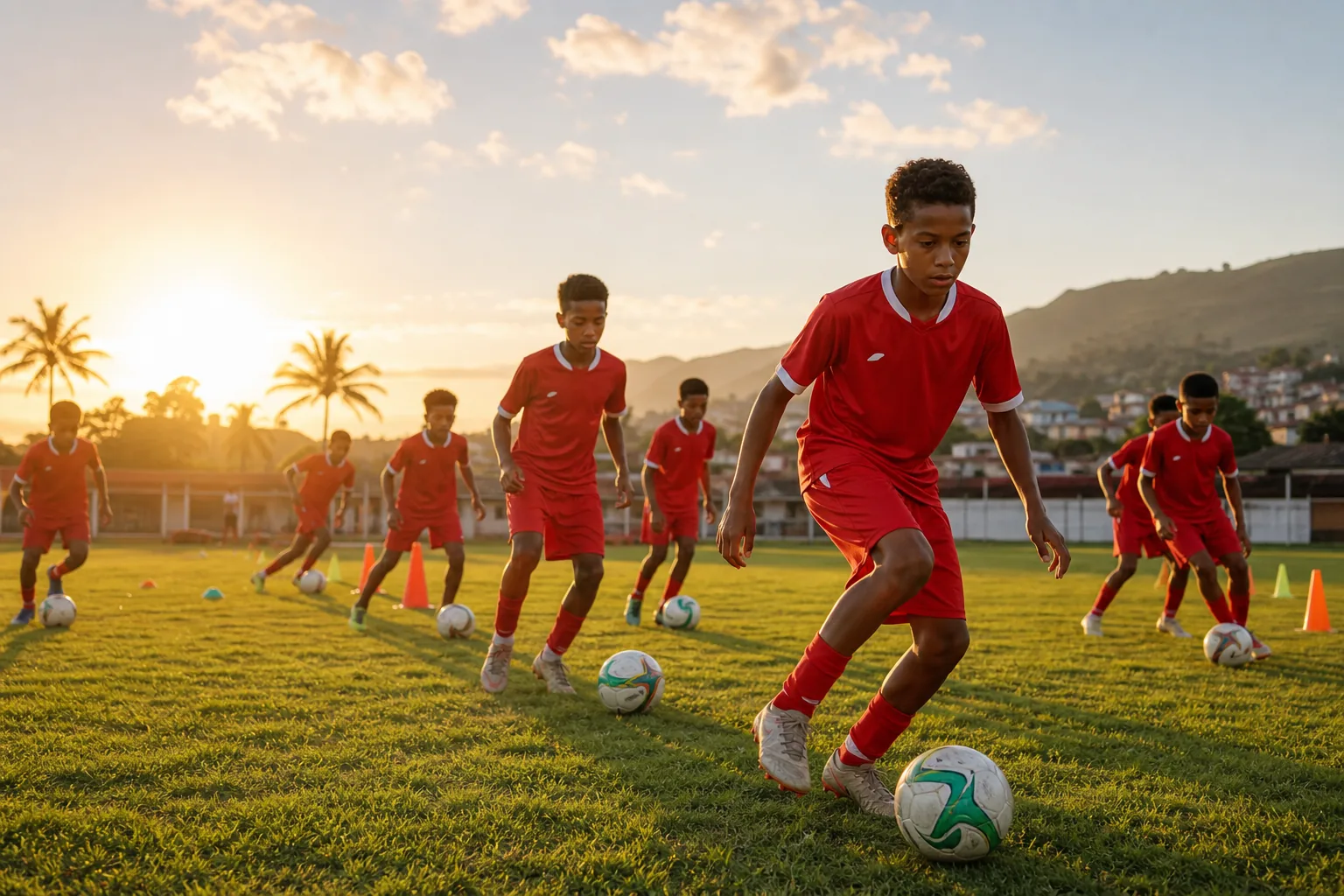 Next generation of Malagasy footballers training at a youth academy on an island pitch
