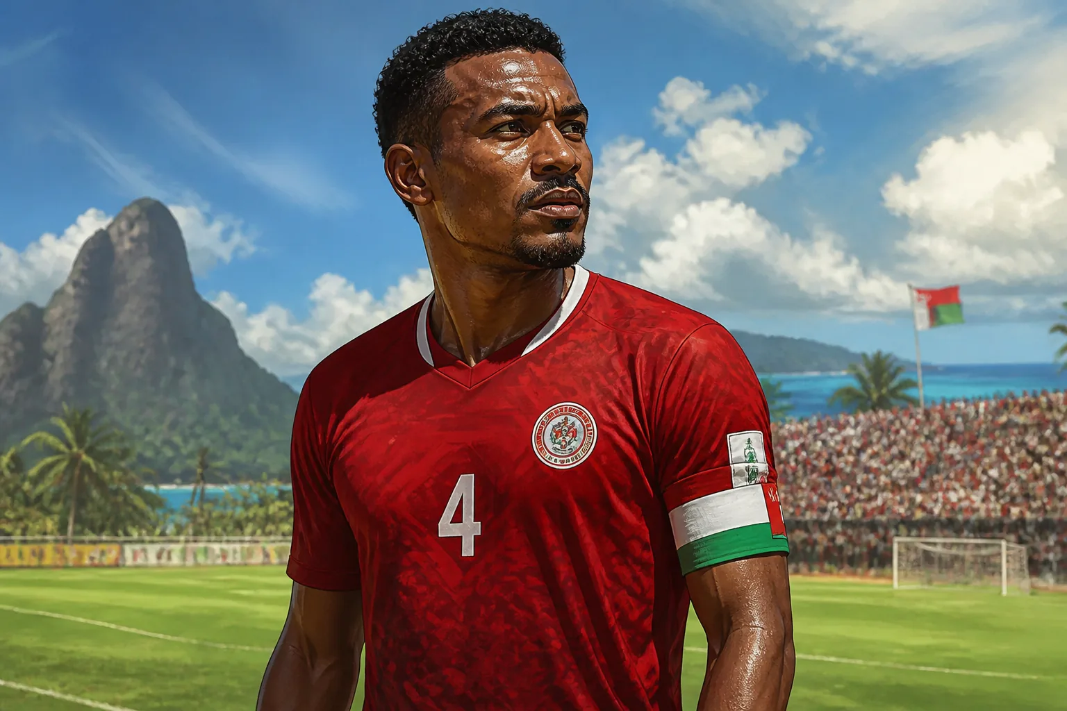 A fictional editorial portrait inspired by Madagascar captain Faneva Andriatsima in a red Barea national-team kit
