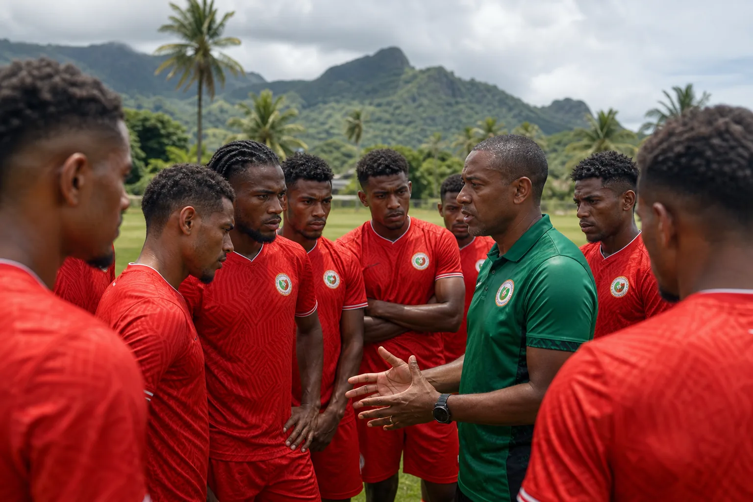 Fictional Madagascar squad listening to their coach in a focused team huddle on a tropical training pitch