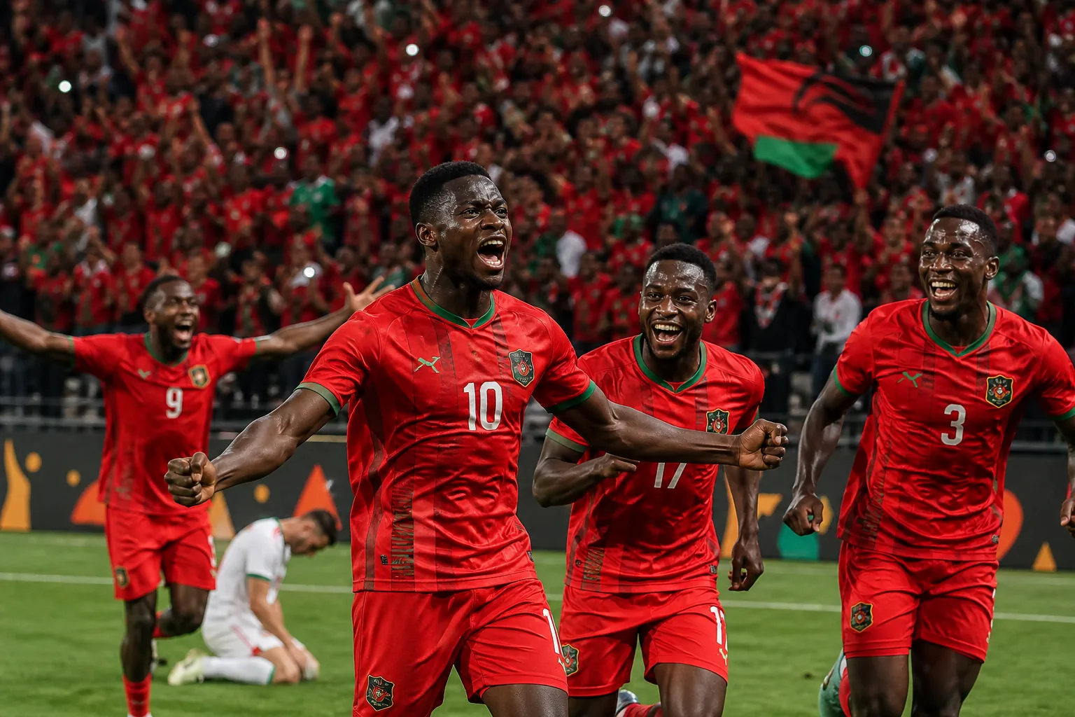 Malawi Flames preparing together for an AFCON match in red national-team kits