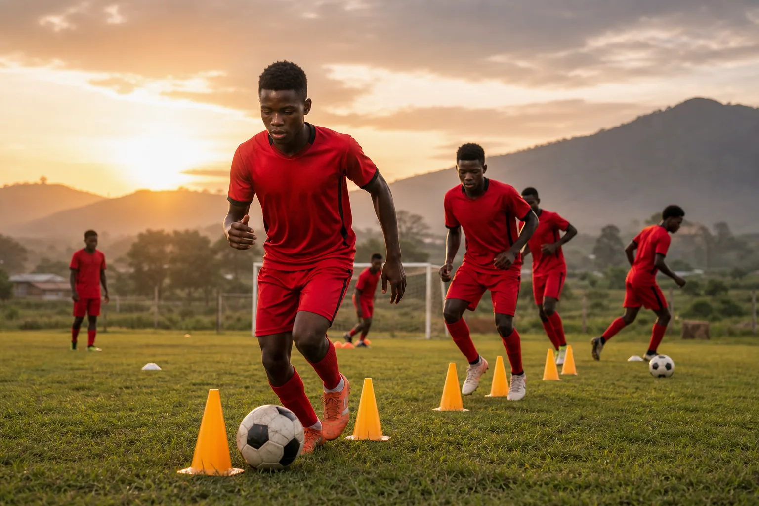A fictional editorial portrait inspired by Malawi forward Gabadinho Mhango in a red Flames national-team kit
